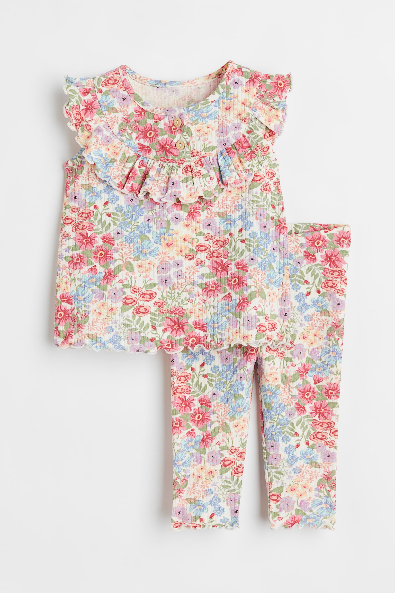 2-piece Cotton Set - White/Floral/Dark grey/Check - 1