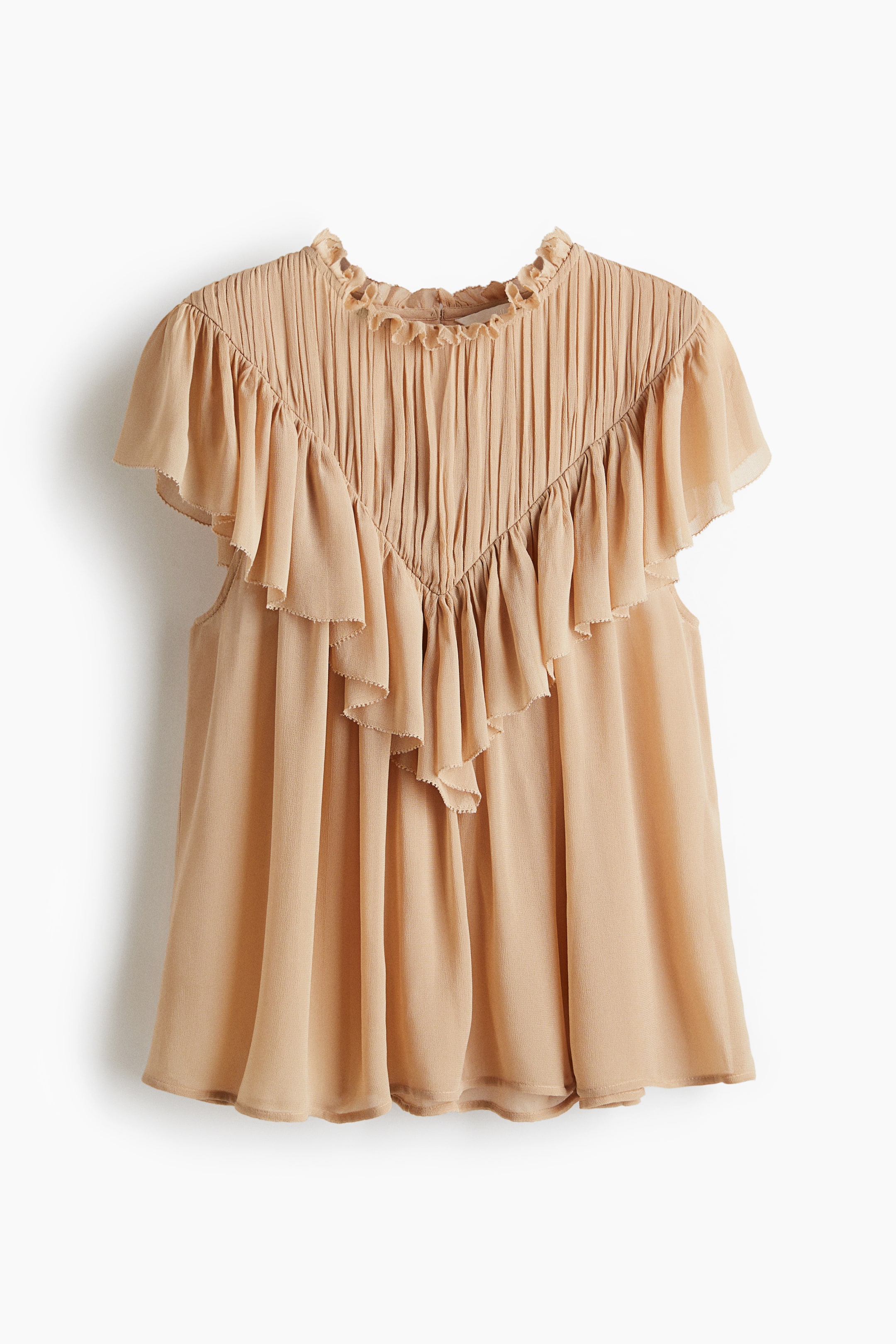 View larger image: A sleeveless blouse in a sheer viscose weave is displaying its FRONT, featuring a round, frill-trimmed neckline and vertical pleating across the upper chest. A wide, V-shaped flounce is detailing the front and extending over the shoulders.