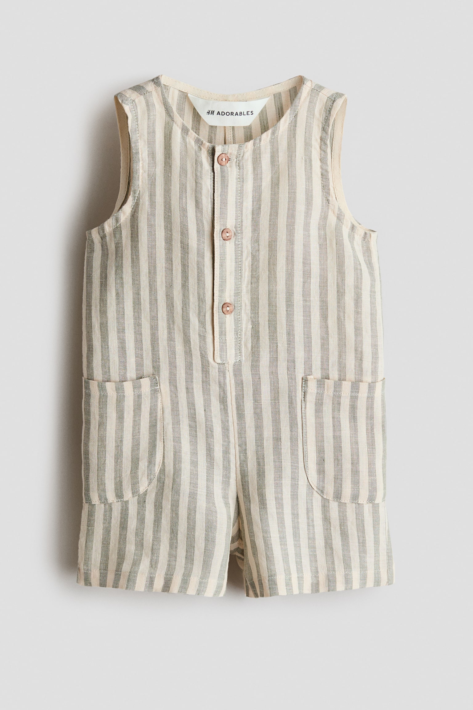 Детский комбинезон H&M Linen Romper Suit, цвет: Бежевый / Зелёный полосатый — фото 1