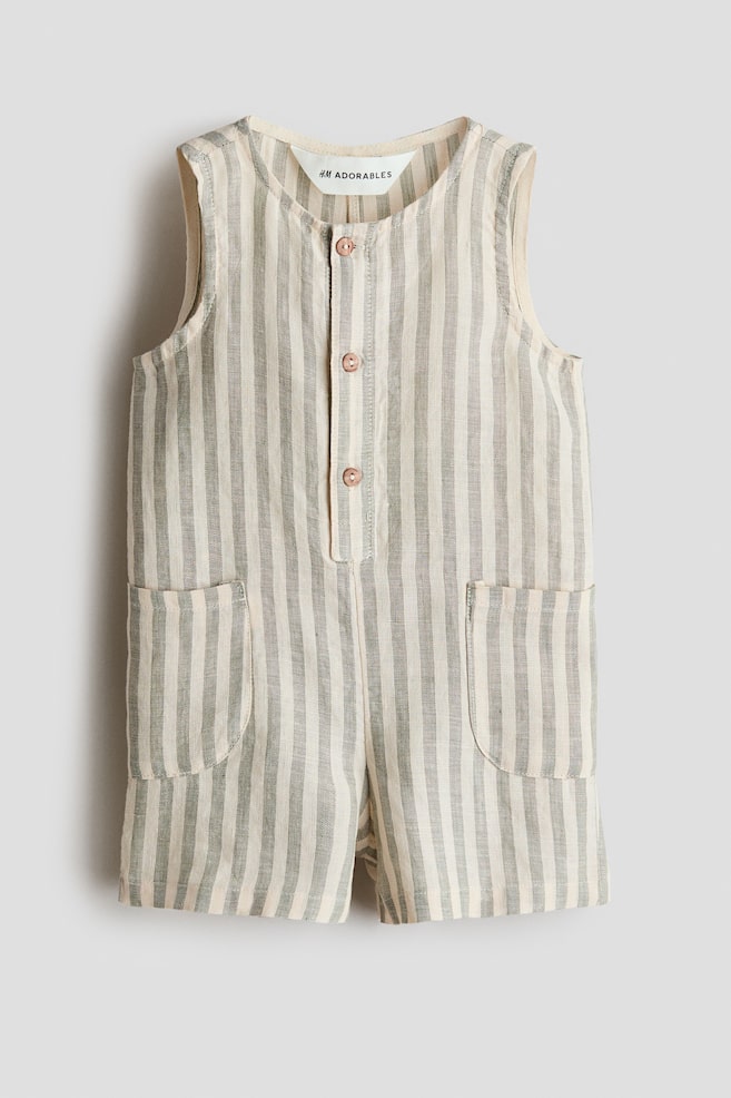 Strampler aus Leinen - Beige/Grün gestreift/Braun/Weiss gestreift - 1