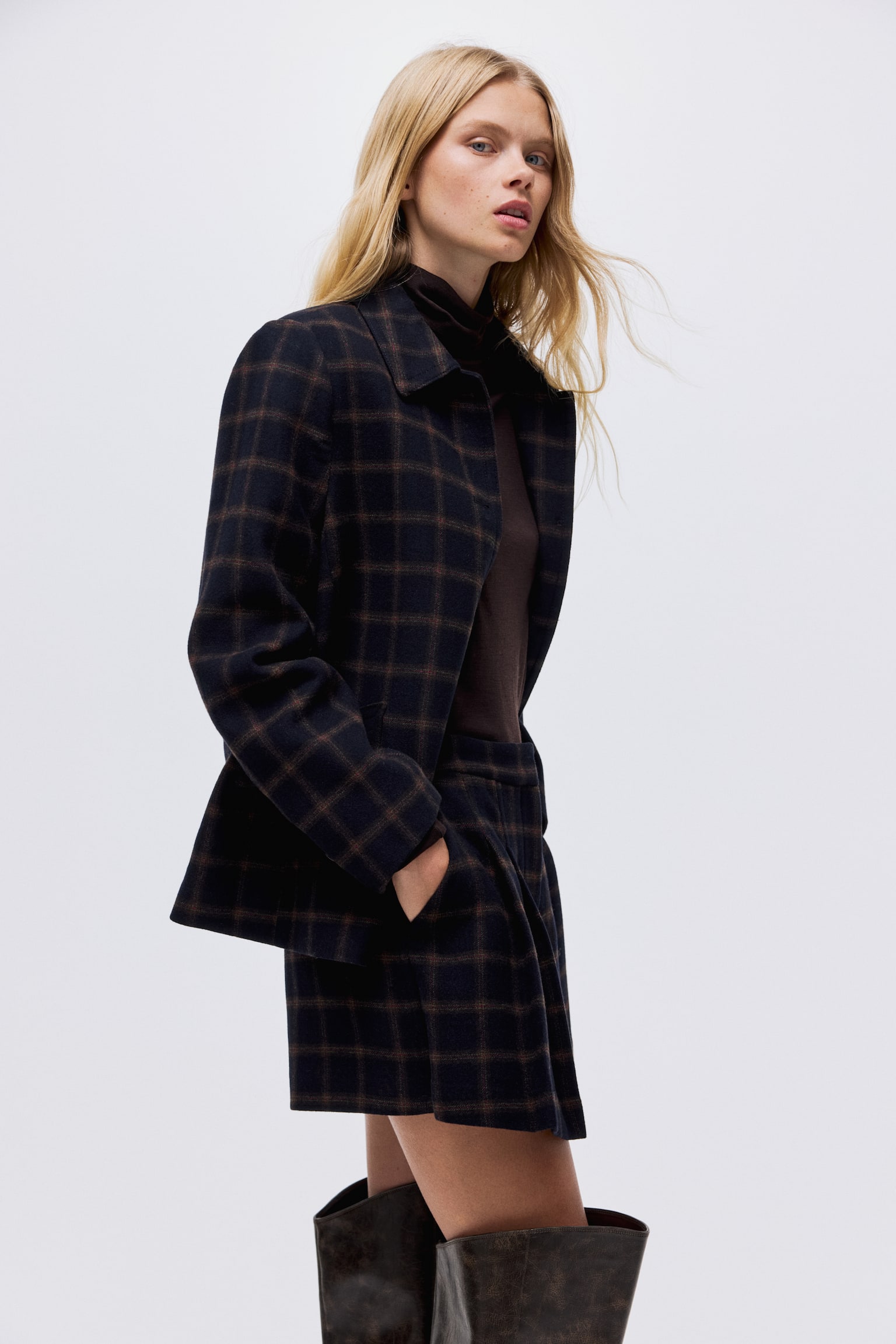 Pleated wool-blend skort - Navy blue/Checked - 7