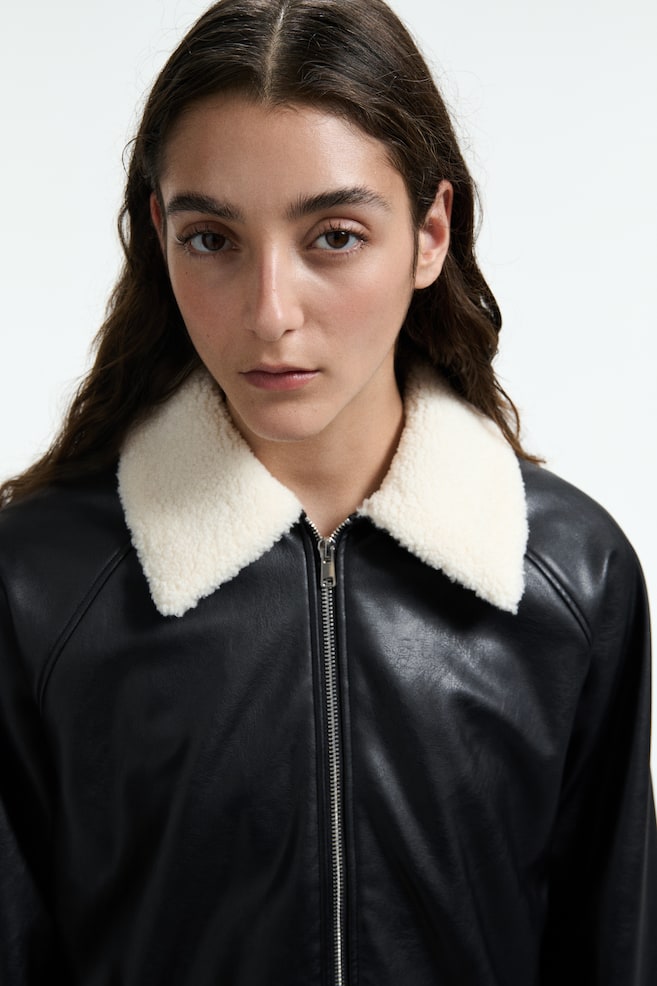Jacket with Teddy Fleece Collar-Black - 4