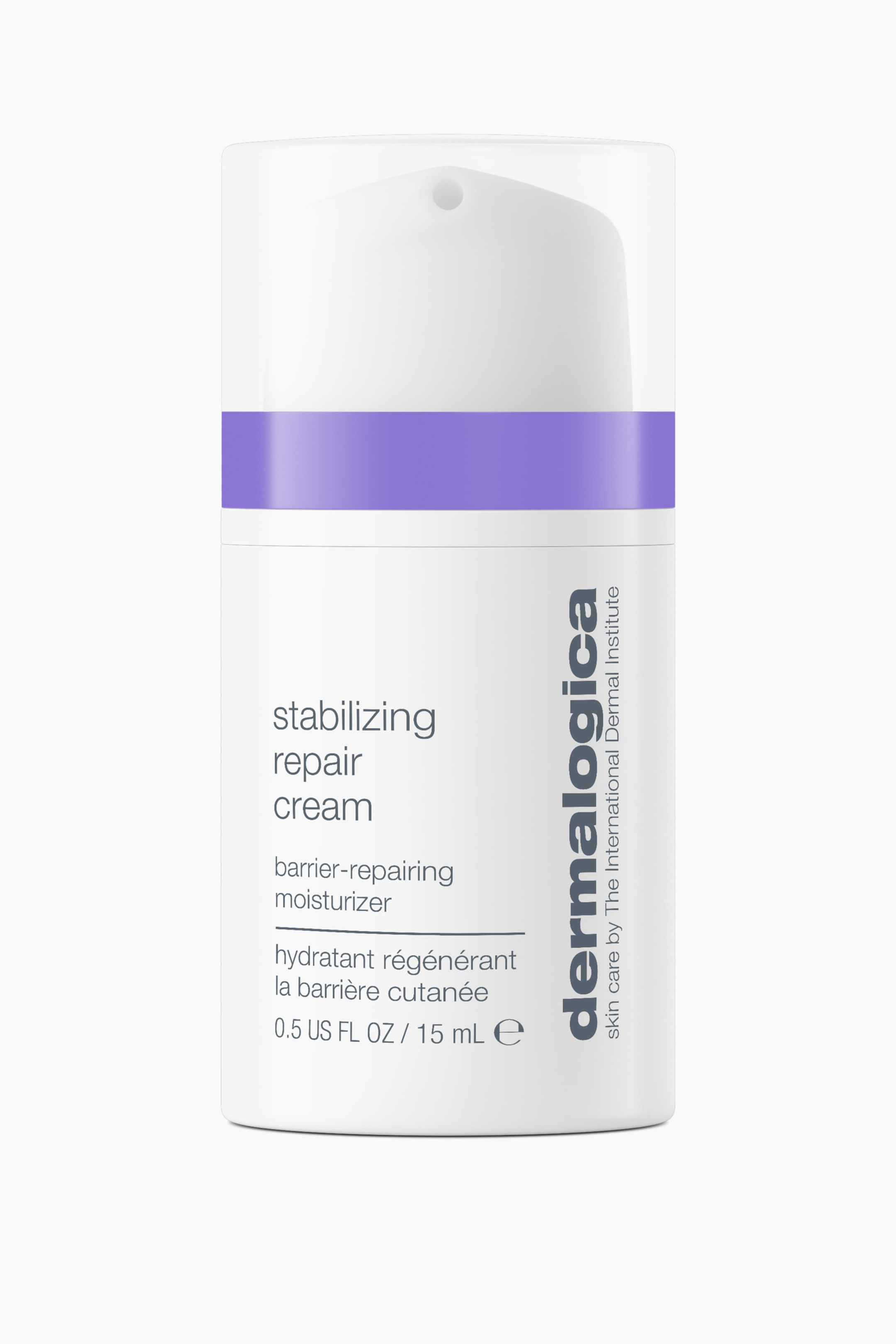 Visa större bild: Dermalogica Stabilizing Repair Cream står upprätt och vänd framåt, med ett fast lila band under ett transparent plastlock som täcker en vit pumpdispenser. Den vita cylindriska flaskan visar grå text med produktnamnet "stabilizing repair cream" samt vertikal varumärkestext på högra sidan.