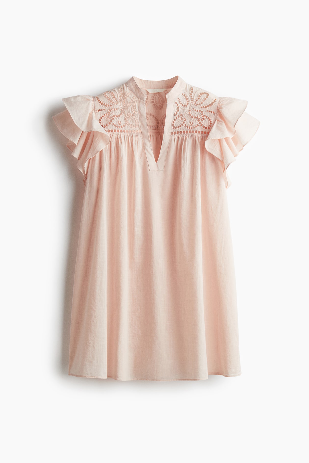 Ladies - Powder Pink Flutter-Sleeve Dress with Eyelet Embroidery - Size: L - H&M Ladies - Powder Pink Flutter-Sleeve Dress with Eyelet Embroidery - Size: L - H&M
