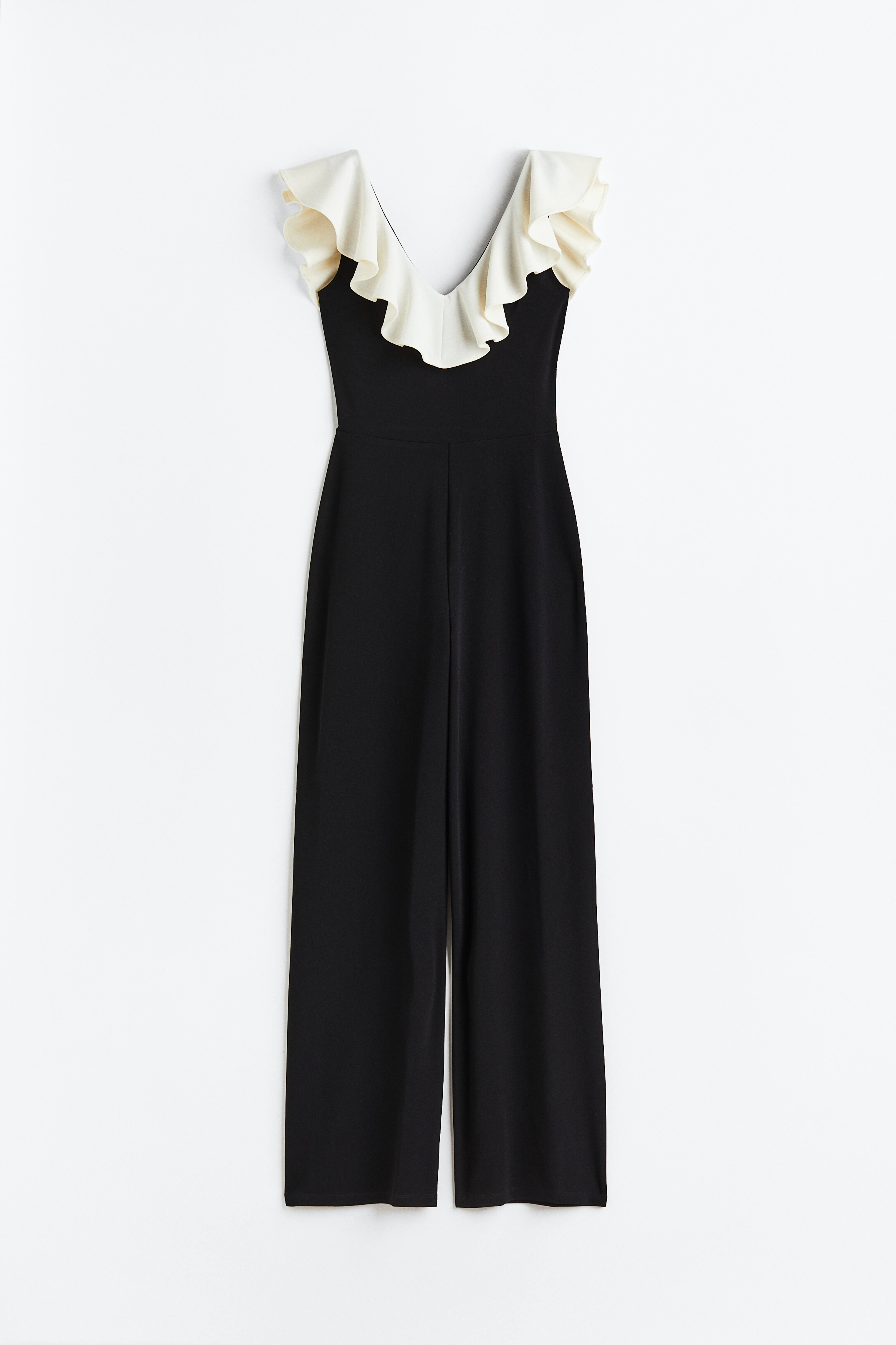 Flounce trimmed jumpsuit Black white Ladies H M CA