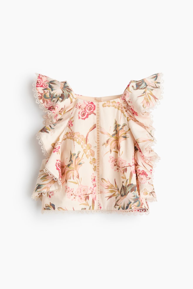 Sleeveless Linen-Blend Top - Light beige/floral - 1