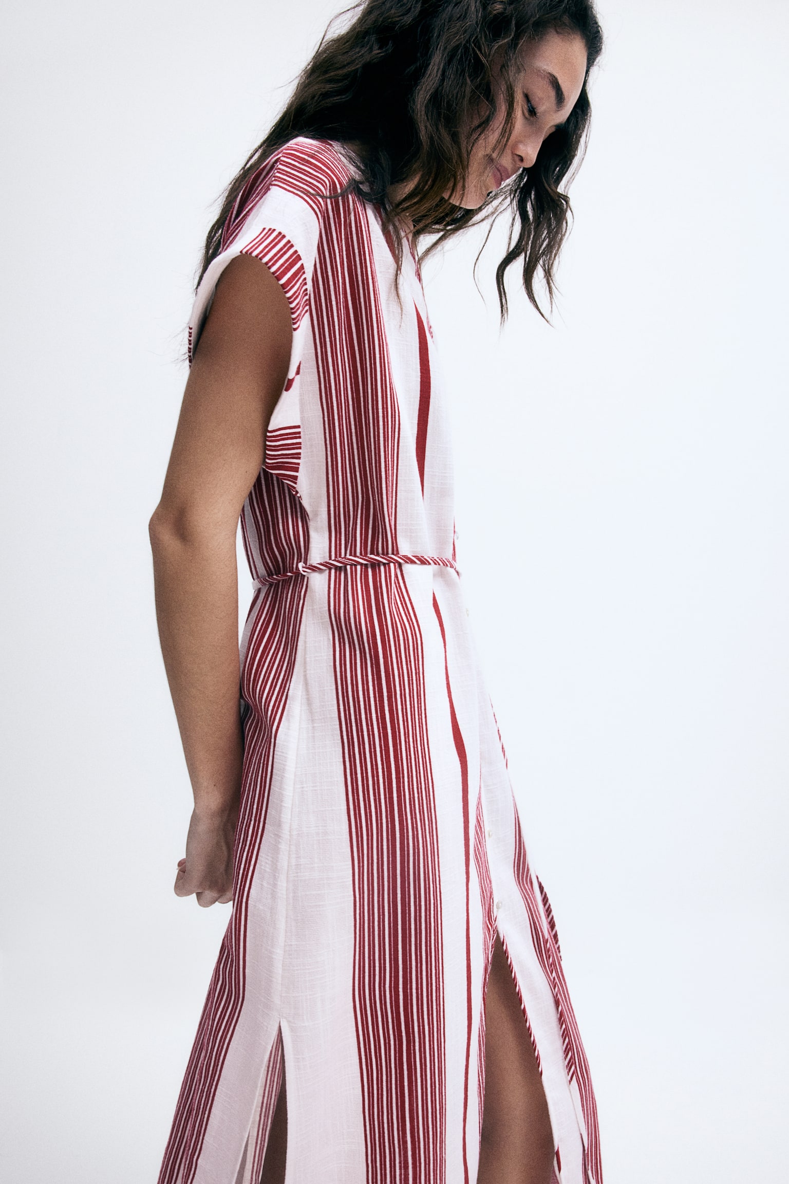 Button Front Crêpe Dress - White/Red stripe/White/Blue stripe - 4