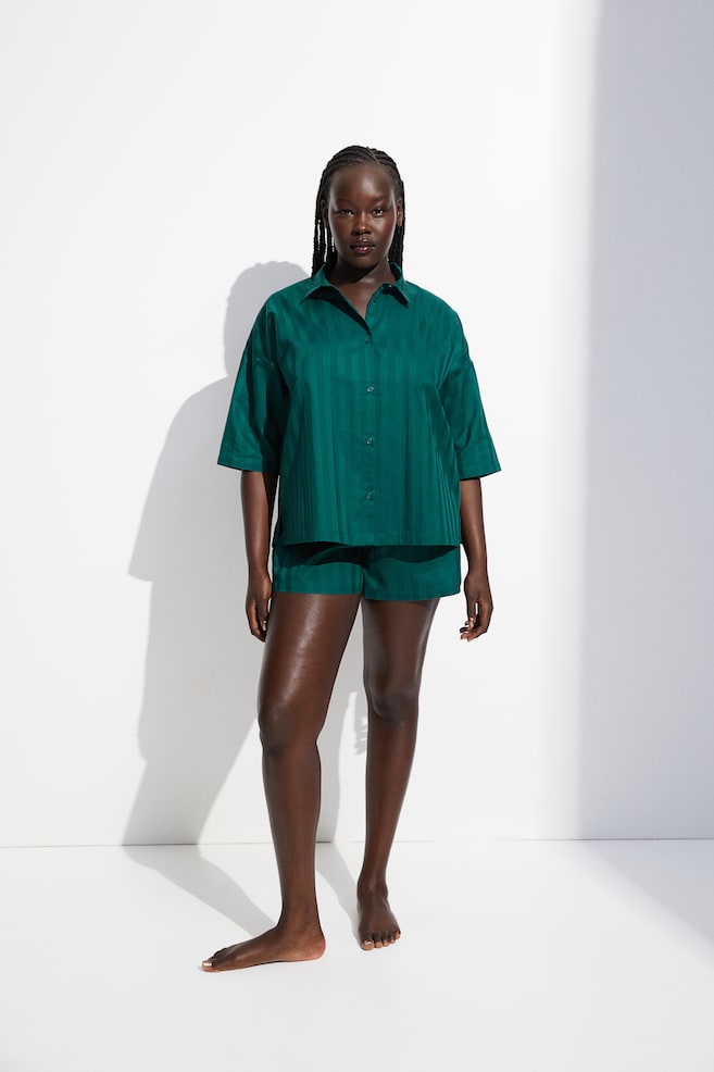 Cotton sateen pyjama shirt and shorts - Dark green/Dark grey  - 2