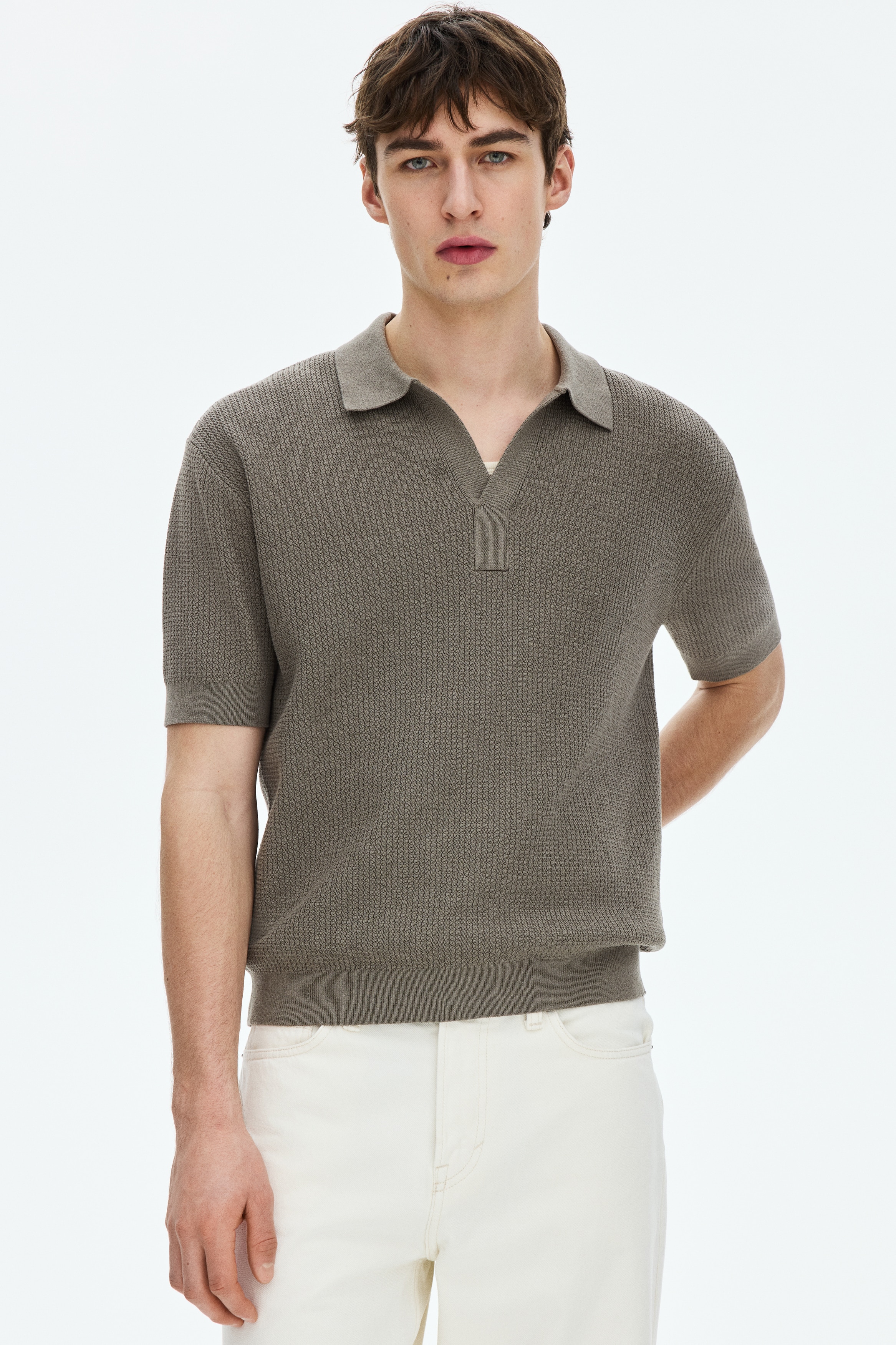 Regular-Fit Cable-Knit Polo Shirt - Dark beige/Dark brown/Cream
