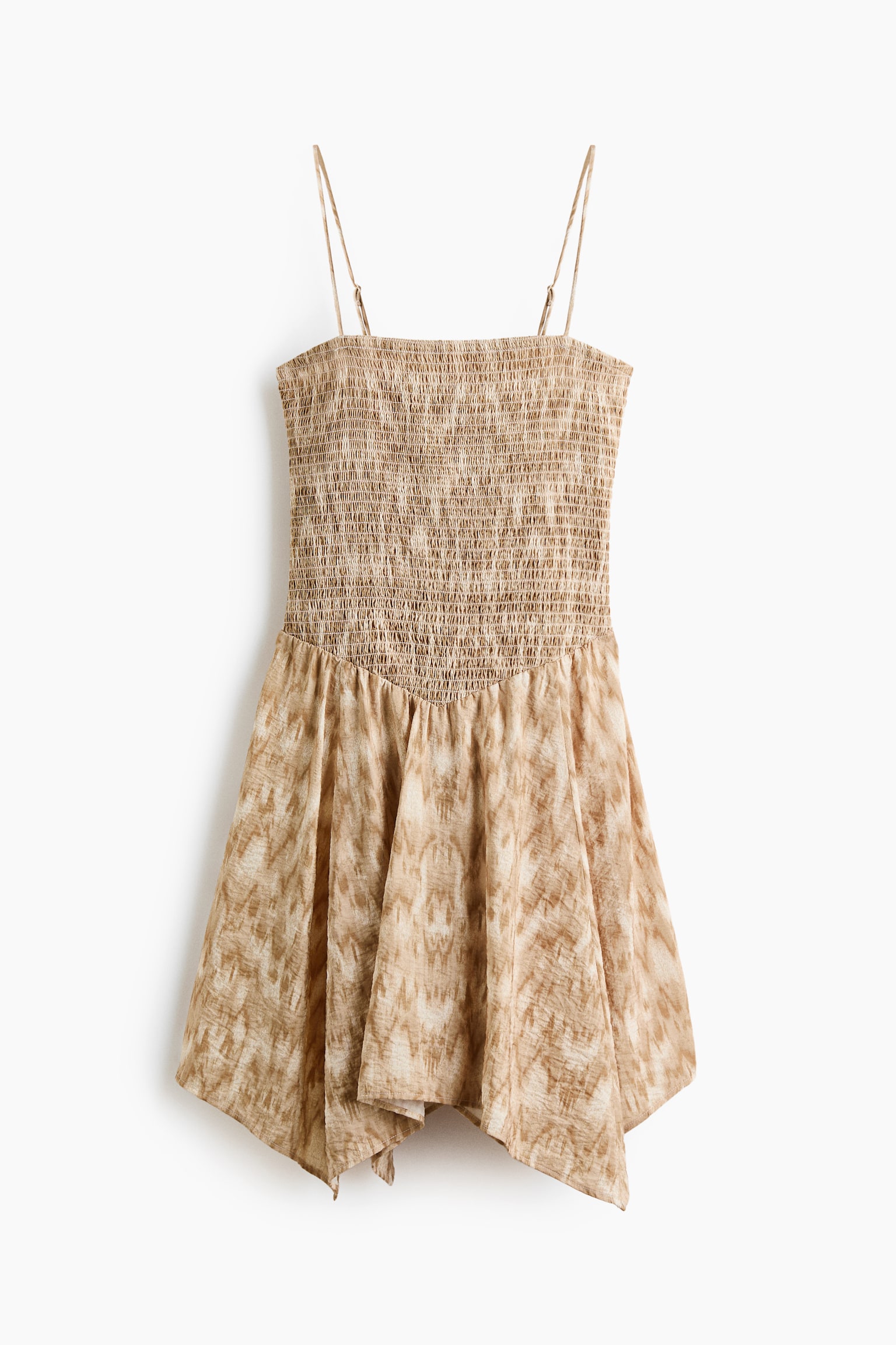 Smocked Strappy Dress - Beige/patterned/Dark khaki green/patterned - 1