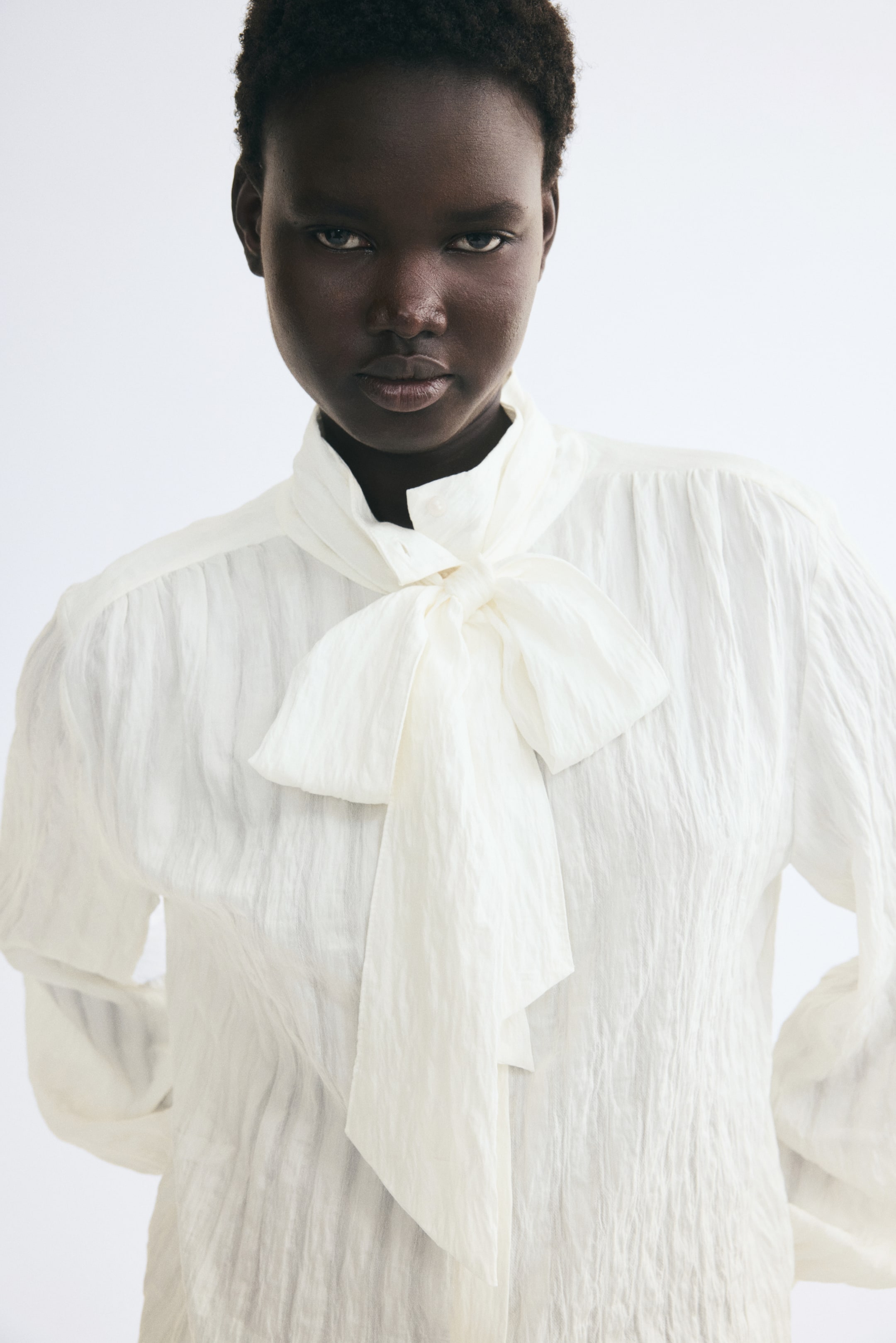 Visualizza l'immagine ingrandita: Una blusa color bianco sporco con texture viene indossata dalla modella. La blusa presenta un colletto alla coreana con una sciarpa abbinata annodata in un ampio fiocco al collo, oltre a maniche lunghe.