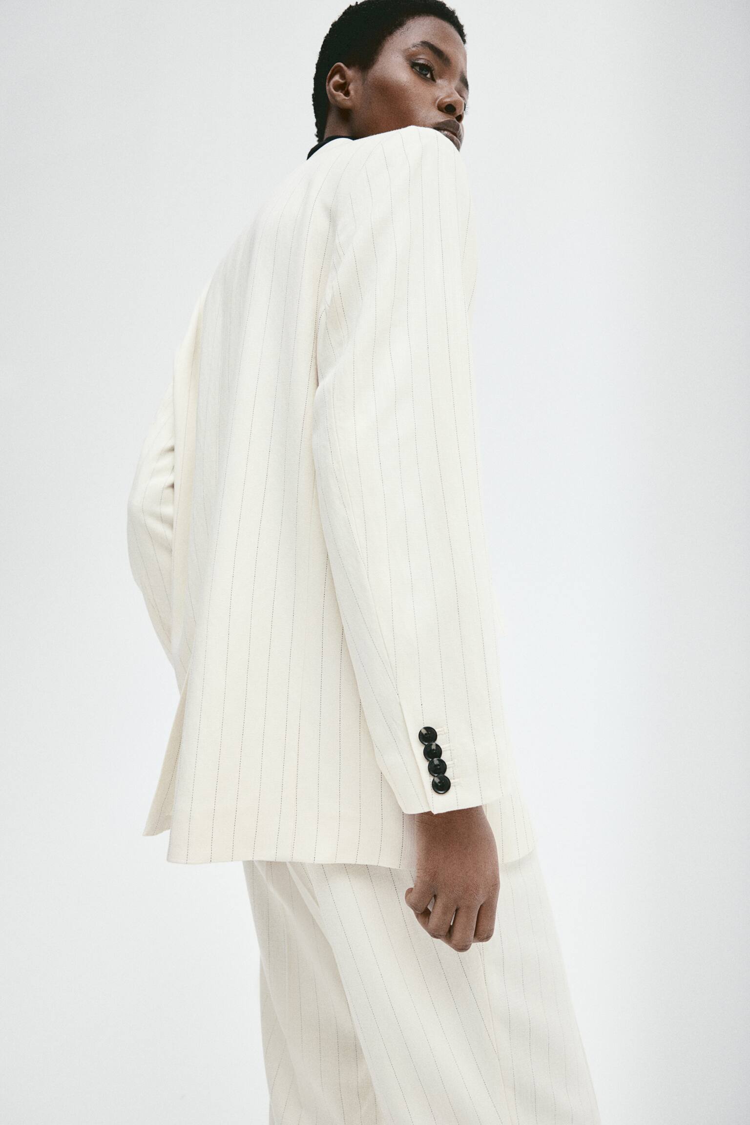 Oversized Double Breasted Blazer - Cream/Pinstripe - 1