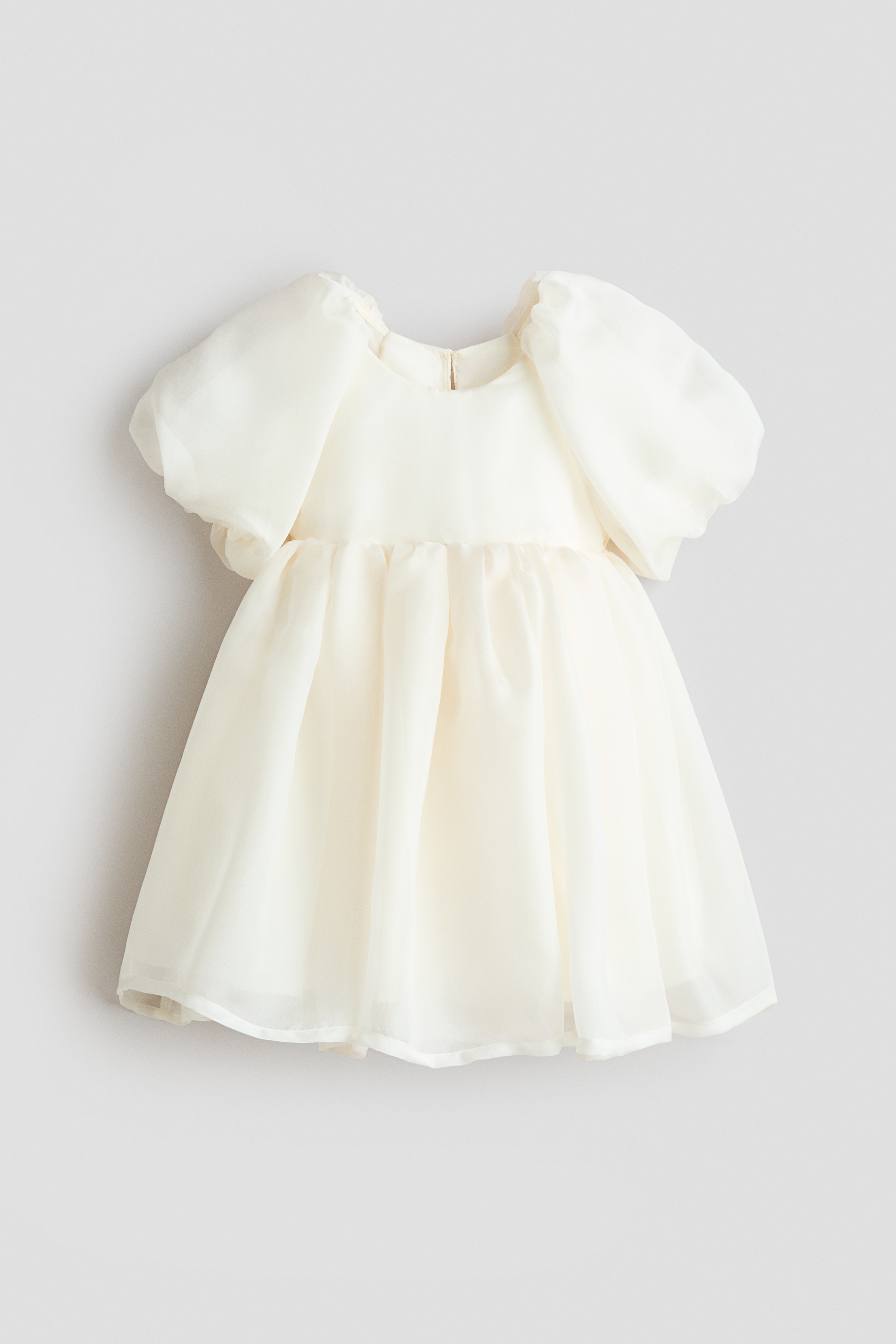 公主袖綢緞洋裝 - 白色/淺粉紅色