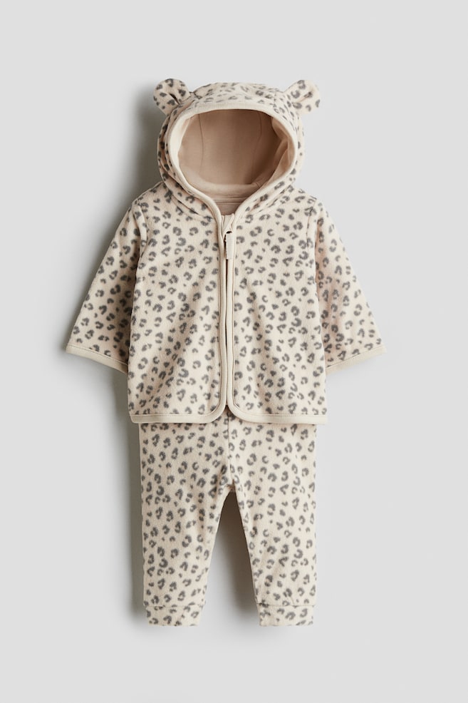 2-piece fleece set - Light beige/Leopard print/White/Hearts - 1