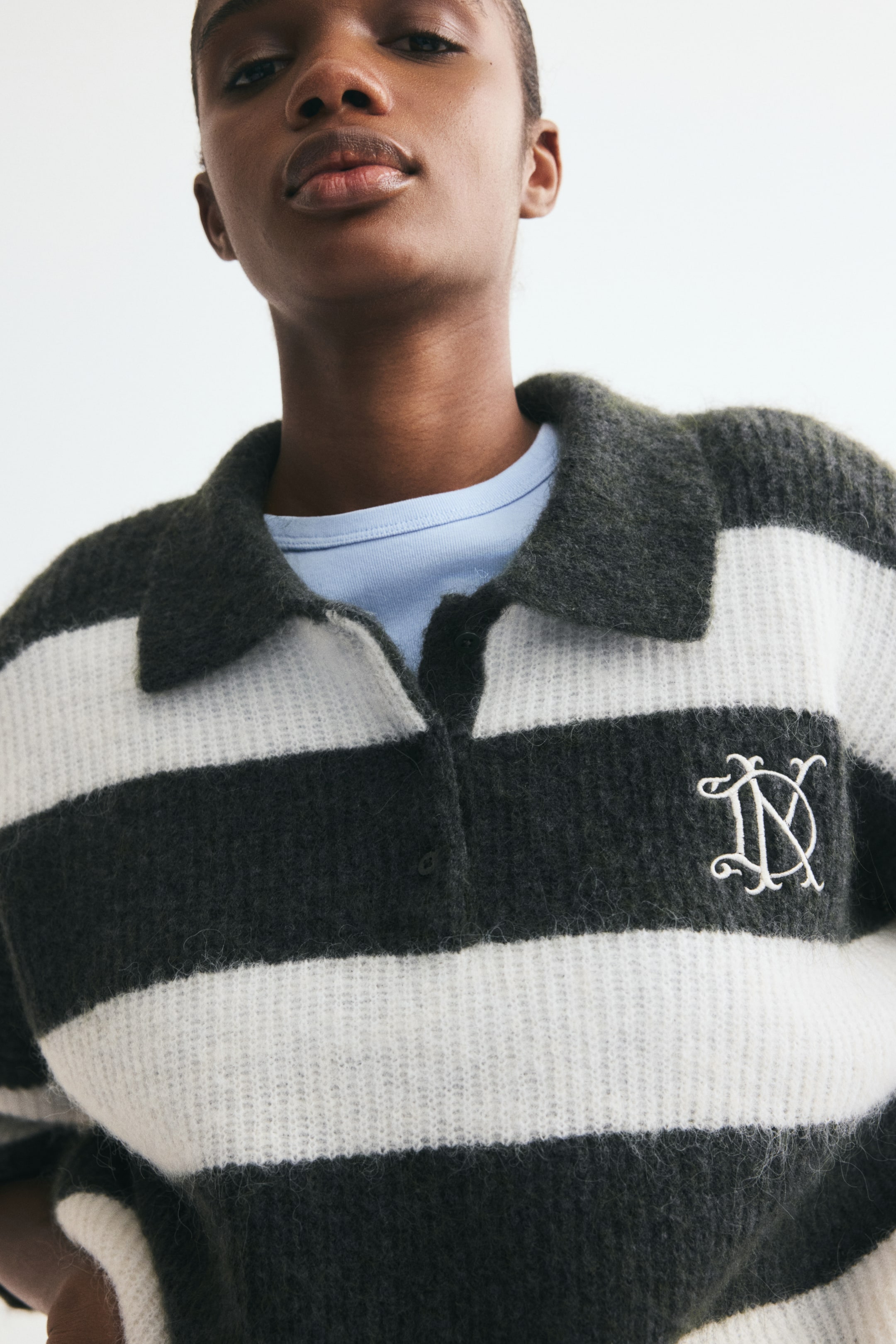 View larger image: Rib-knit polo jumper - Cream/Dark green striped - Ladies | H&M 1