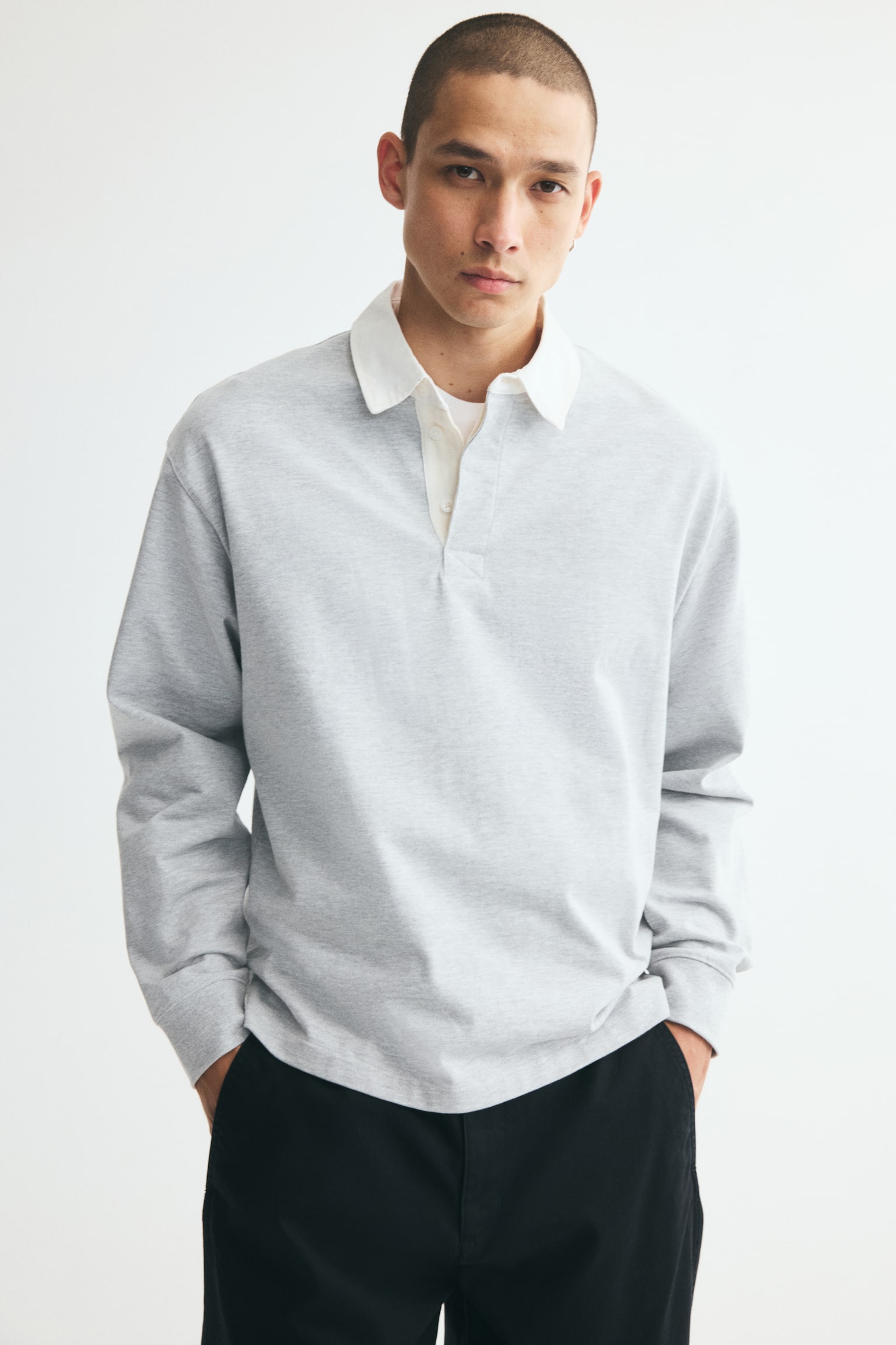Relaxed Fit Cotton rugby shirt - Light grey marl/White/Green/White - 1