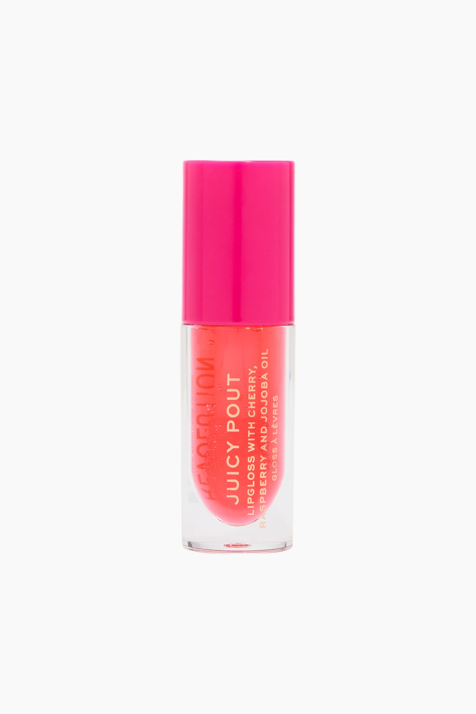 Ein Tuben-Lipgloss von Juicy Pout steht aufrecht und frontal ausgerichtet, in einer klaren zylindrischen Flasche mit leuchtend korallenrotem Gloss und einem festen, krÃ¤ftig pinken Deckel. Auf der Vorderseite der Flasche ist weiÃe, vertikale Schrift aufgedruckt, die den Produktnamen âJUICY POUTâ sowie Angaben zu den Inhaltsstoffen zeigt. - 1