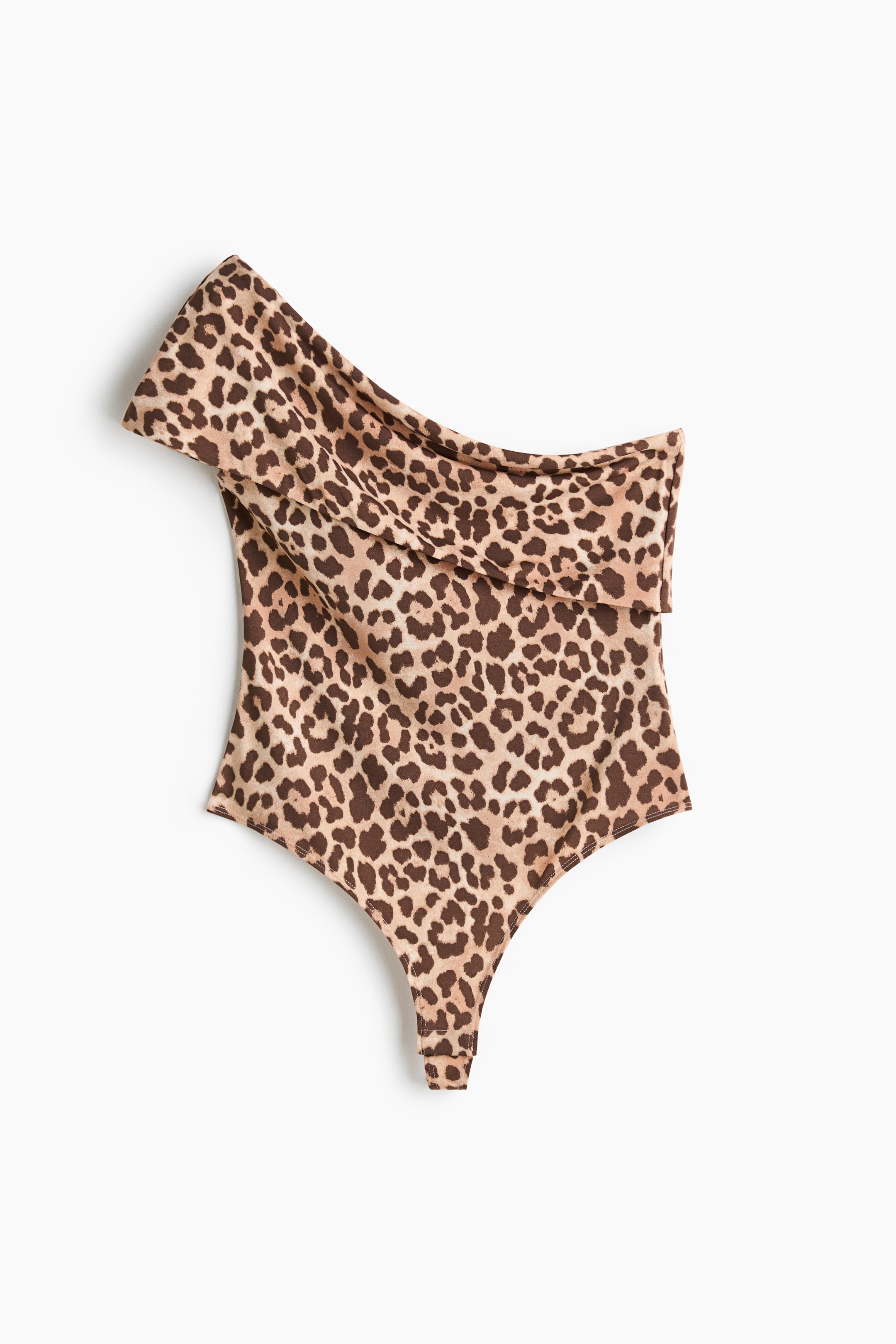 View larger image: This one-shoulder leopard print bodysuit is showcased from the FRONT, highlighting its stretch jersey fabric and a foldover detail at the top. It features concealed press studs at the crotch and suggests a cutaway design at the back through its silhouette.