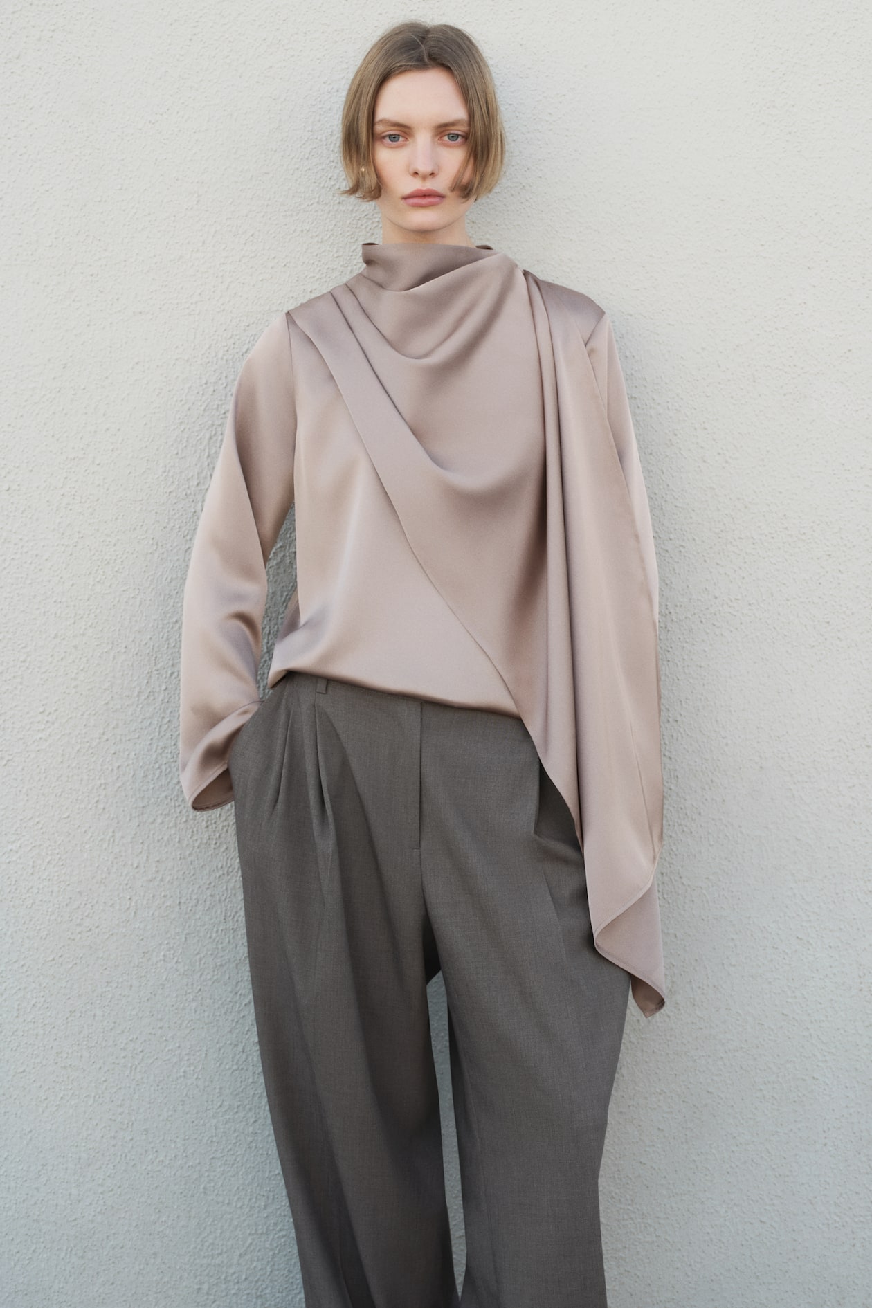 Shawl-Detail Satin Blouse - image 4