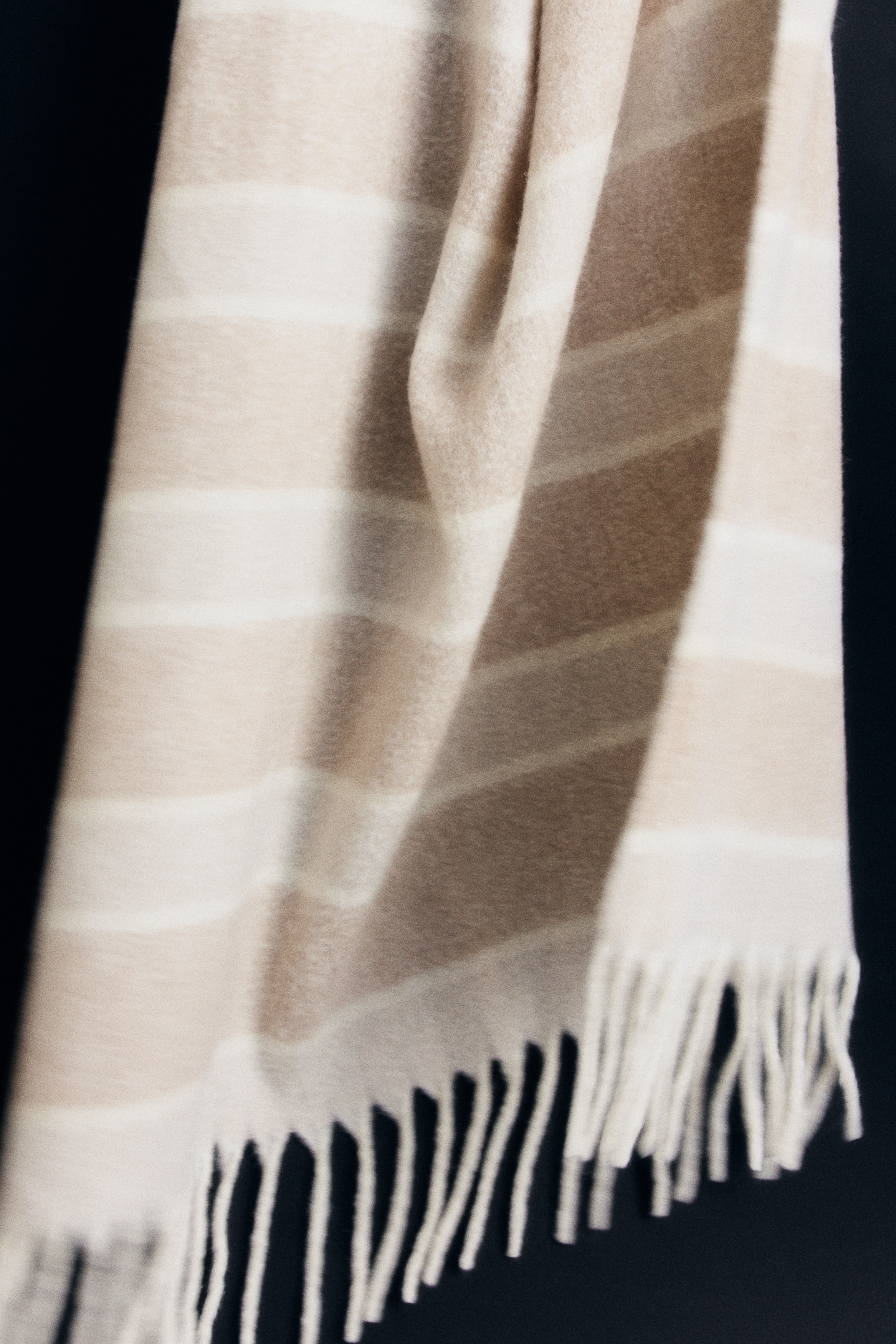 Fringed wool-blend blanket - Light mole/Striped/Light mole