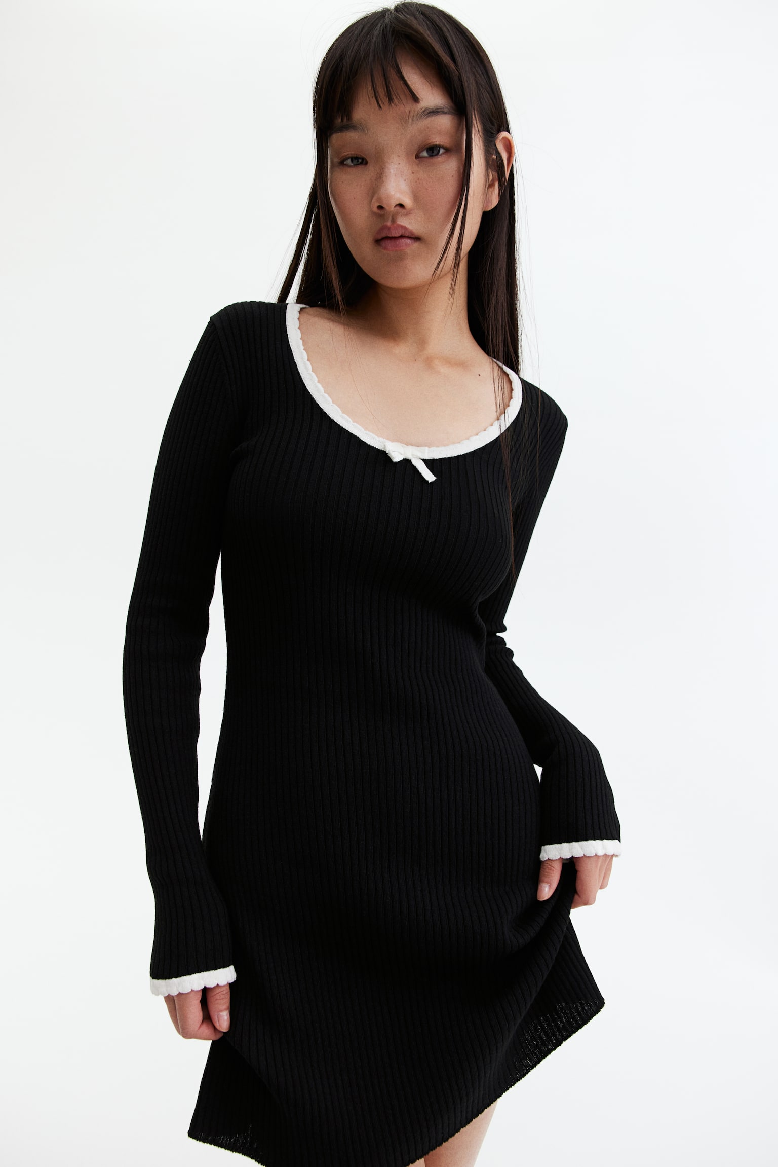 Rib-knit bodycon dress - Black/Cream - 1