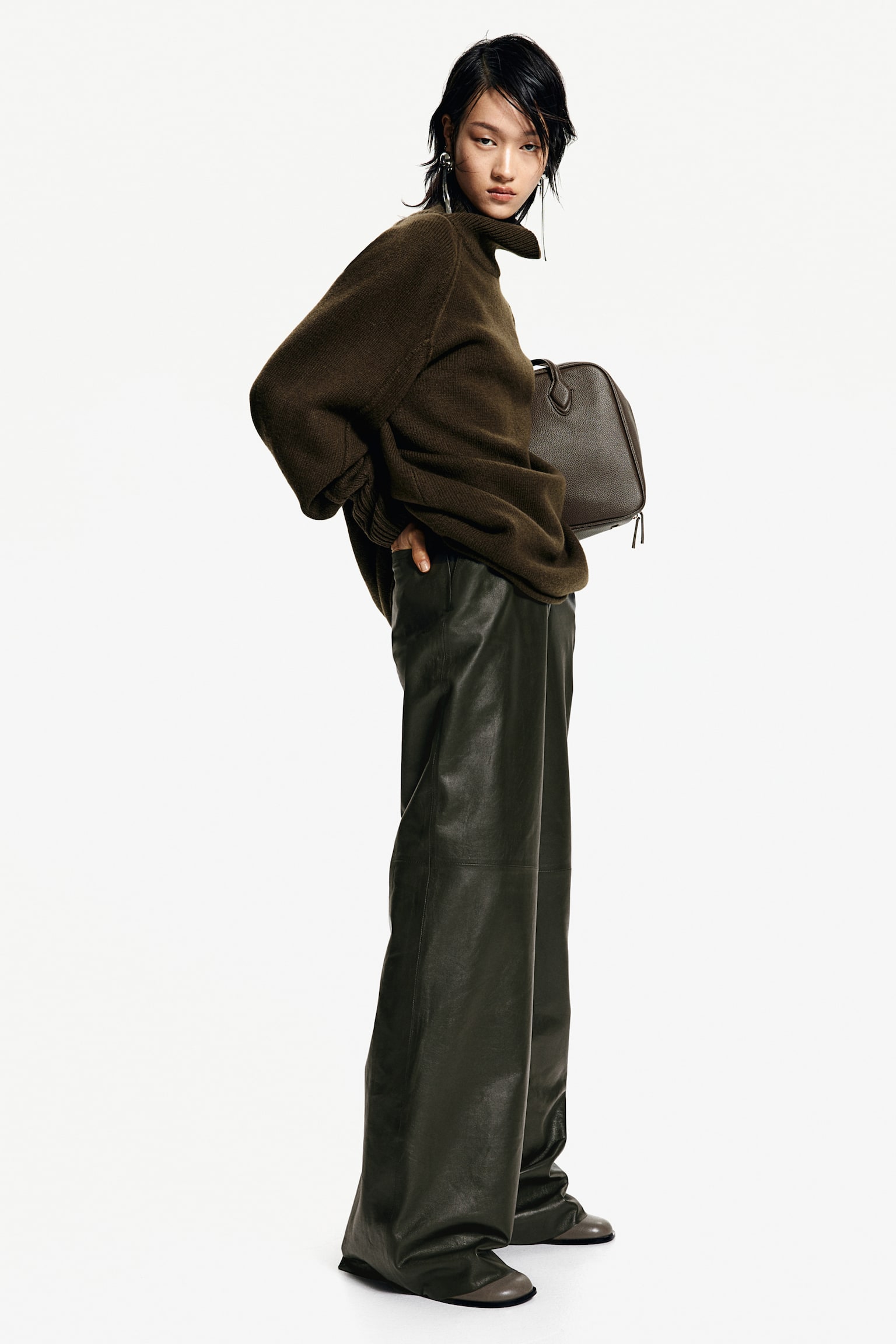 Straight leather trousers - Dark khaki green/Black - 5