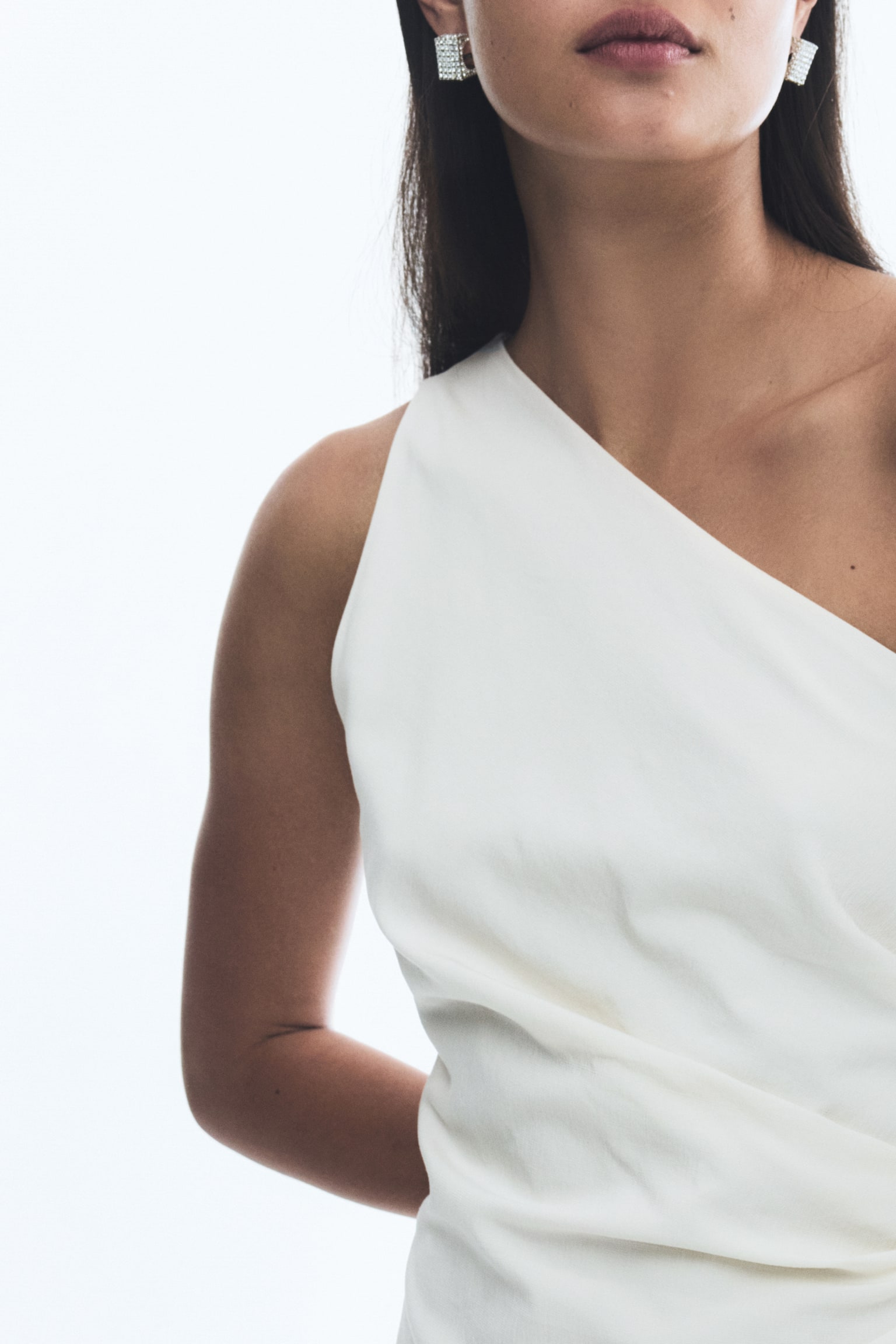 Draped One Shoulder Dress - White/Dark brown/Black - 4