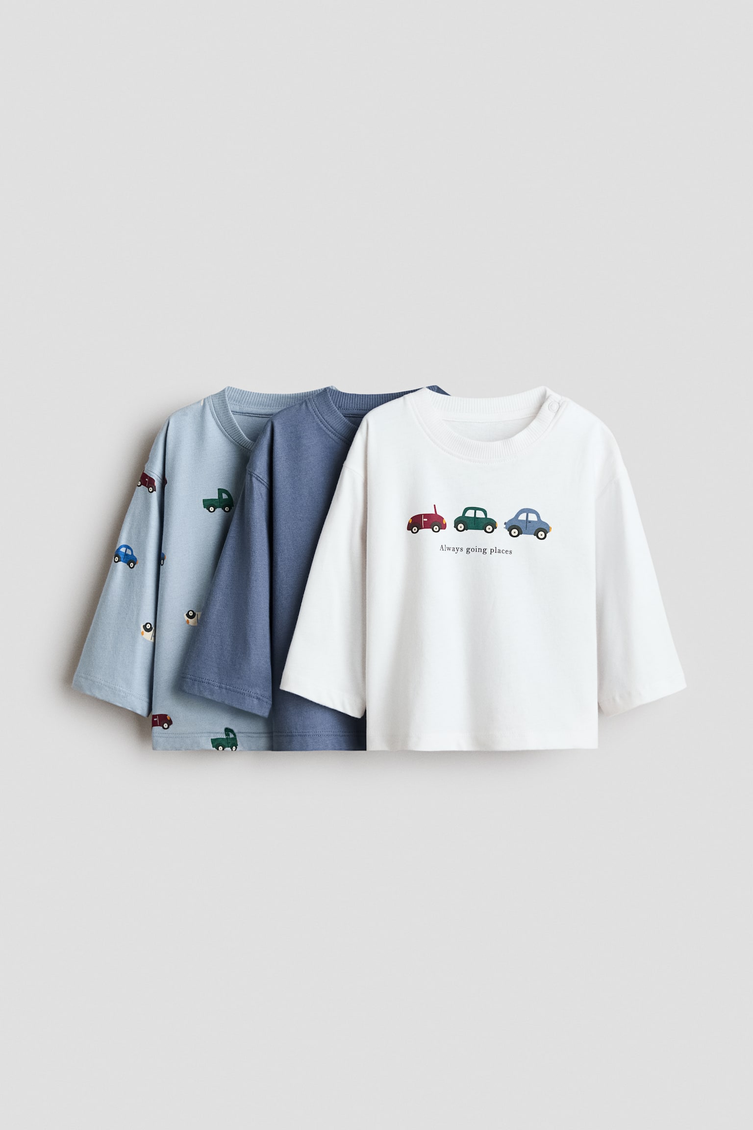 3-Pack Long-Sleeved Cotton T-Shirts - Dusty blue/cars/Navy blue/The Cute Crew/Dark grey/White