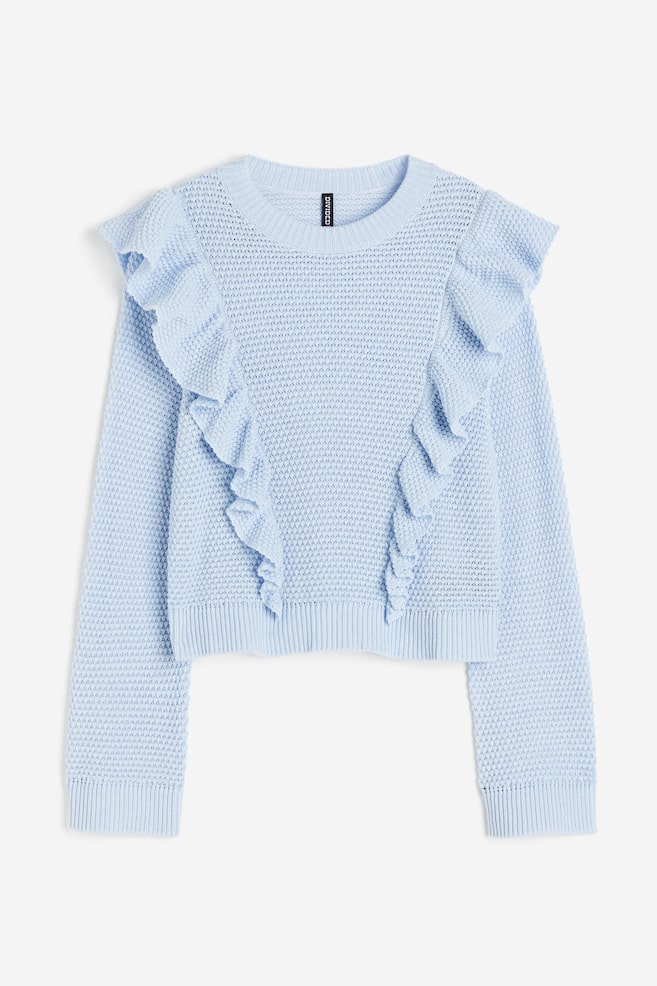 Frill-trimmed textured-knit jumper - Light blue/Cream/Black/White/Striped - 2