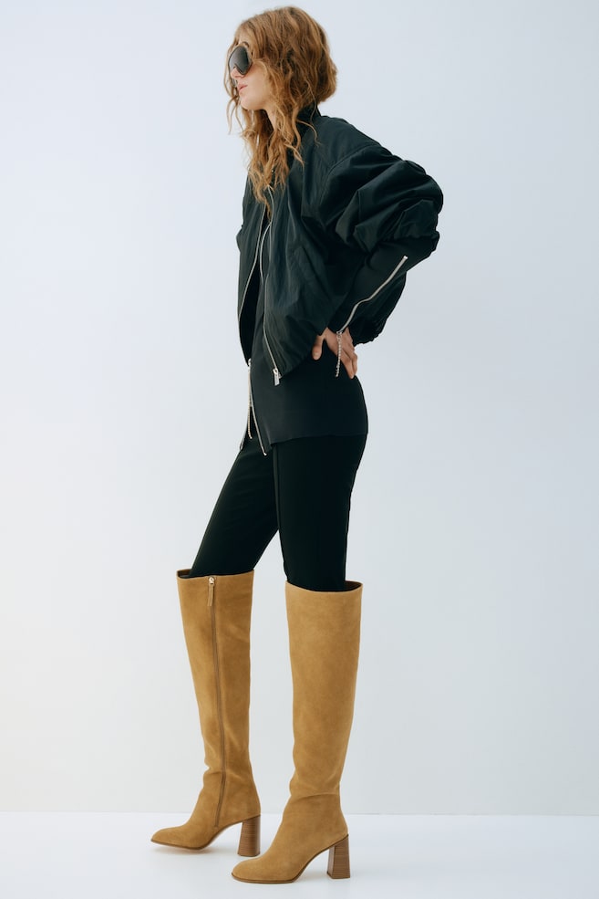 Over-the-Knee Split Suede Boots - Beige - 4