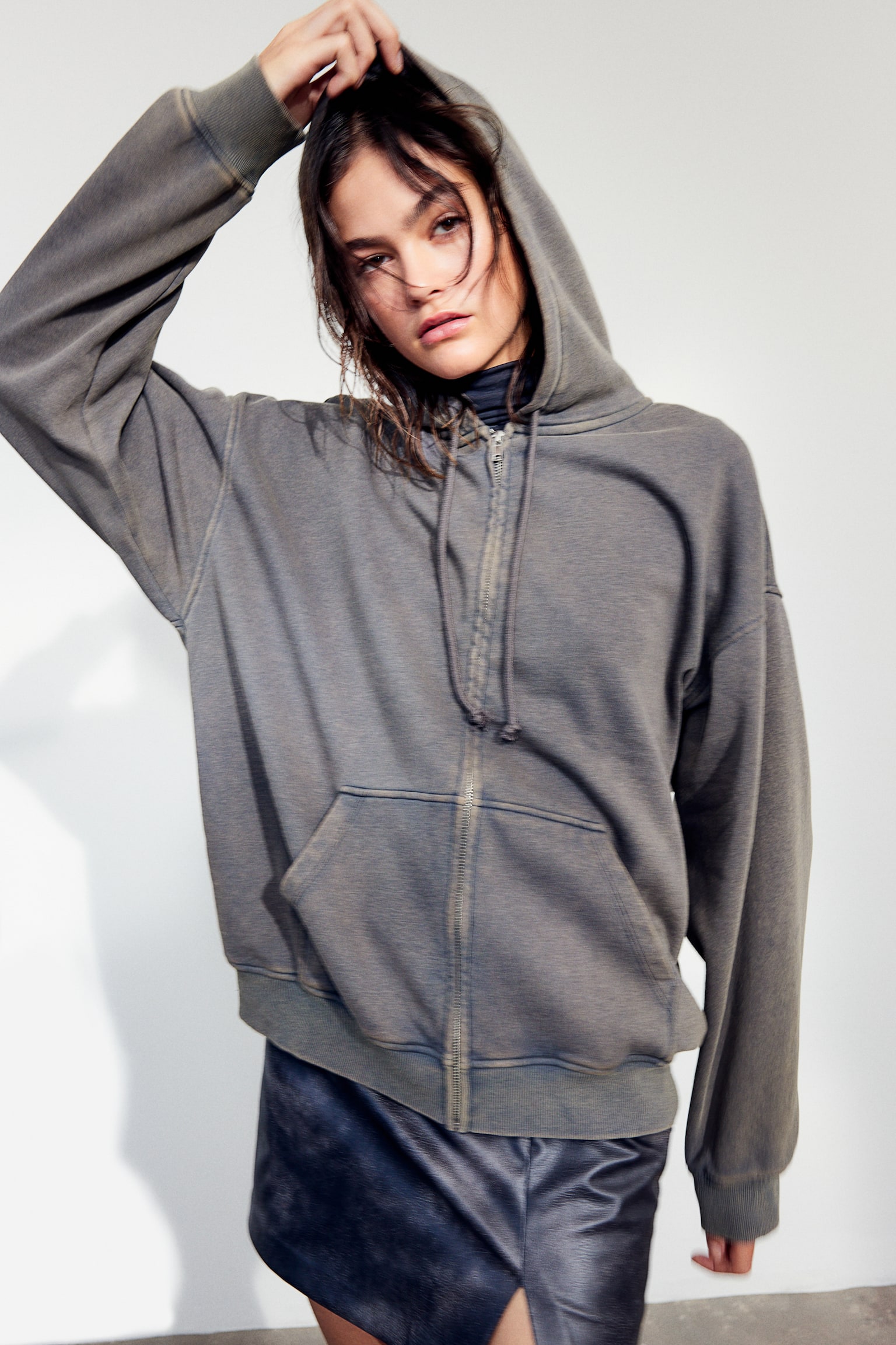 Oversized printed zip-through hoodie - Dark grey/Washed/Light grey/Minimise - 3