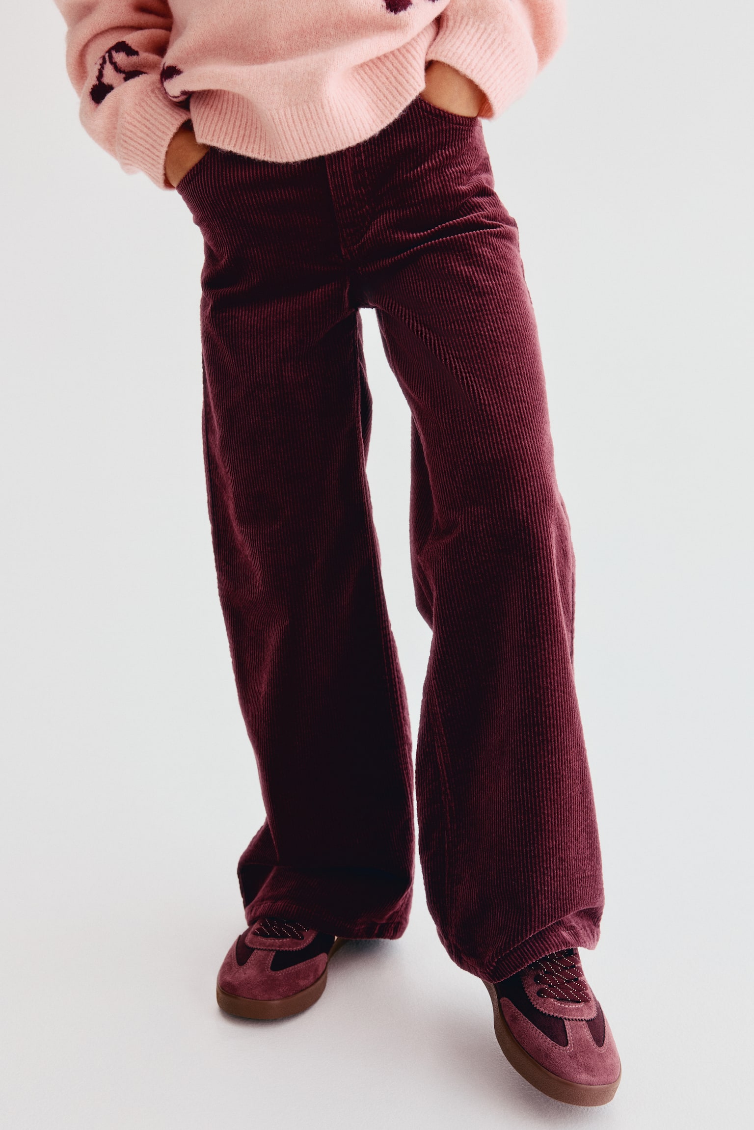 Детские брюки H&M Wide-Leg Cotton Corduroy, цвет: Тёмный красный — фото 3