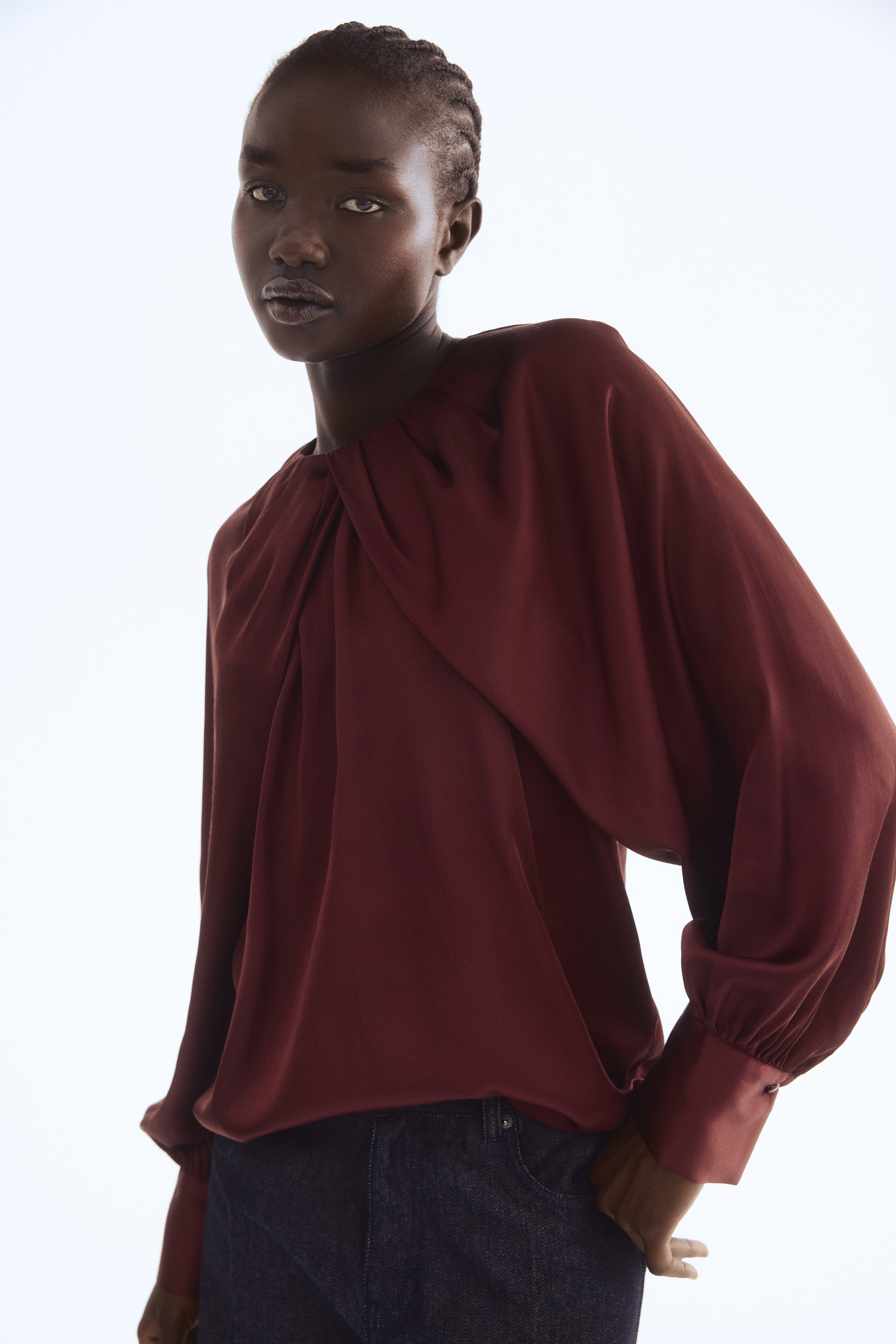 Balloon-Sleeved Satin Blouse - Bright red - Ladies | H&M US