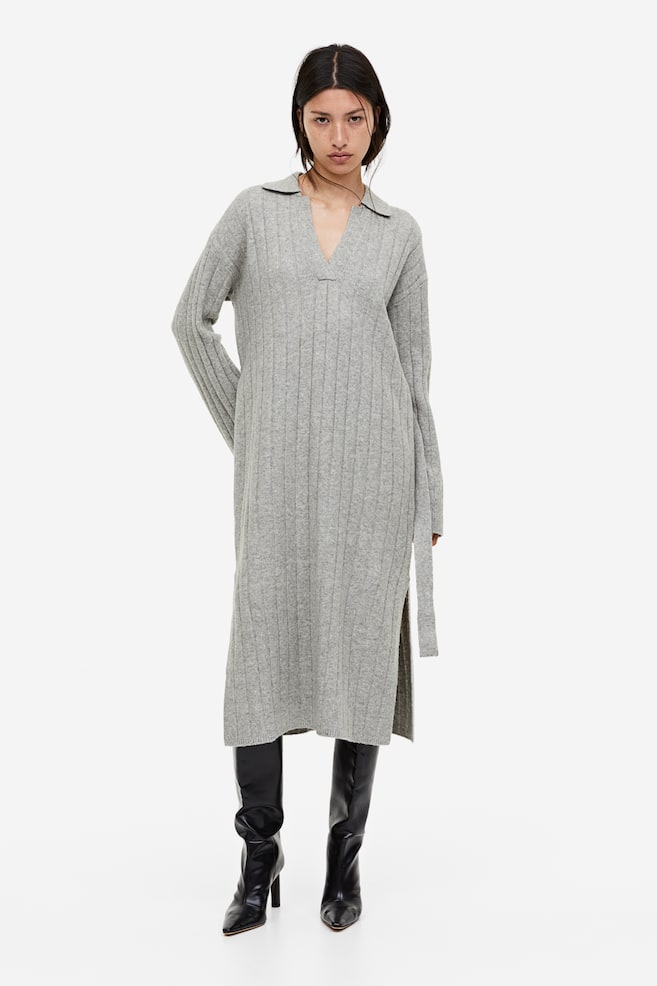 Rib-knit collared dress - Grey marl - 8