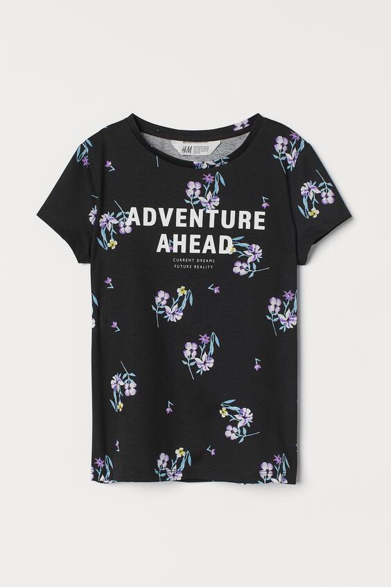 Printed Jersey Top - Black/floral - Kids | H&M US