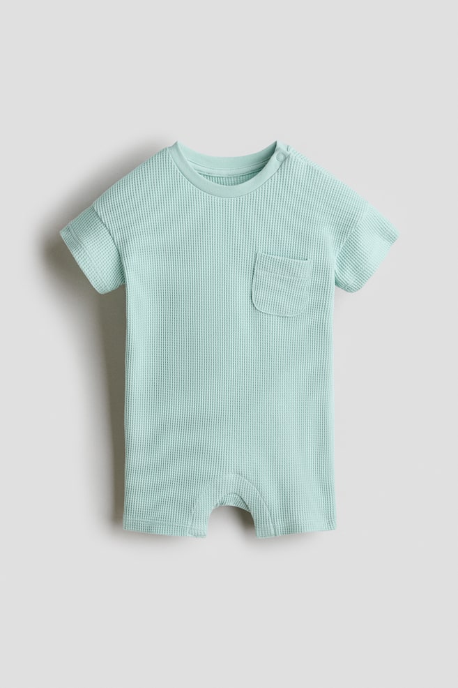 Waffled Cotton Romper Suit - Turquoise/Dark beige - 1