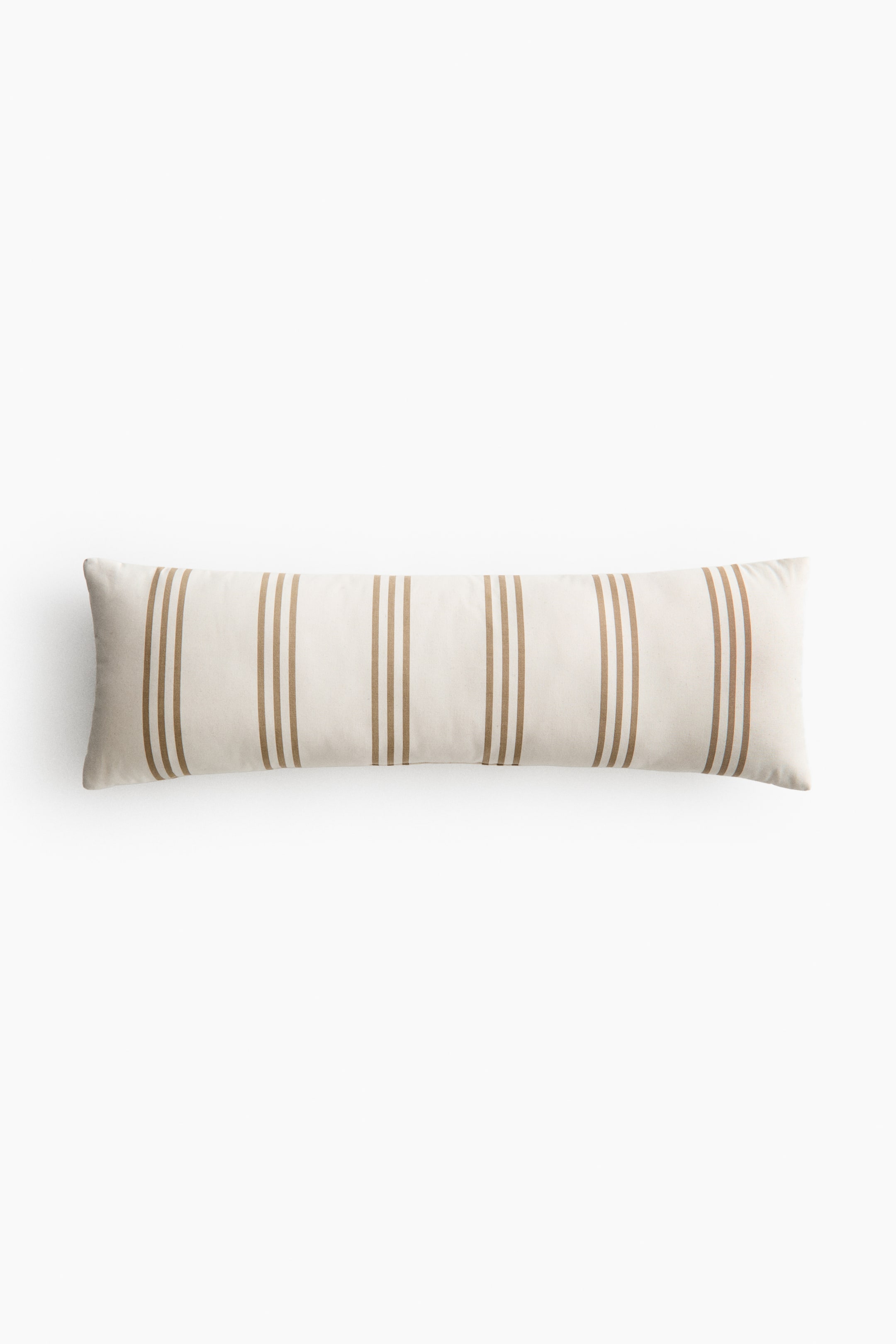 View larger image: A rectangular cushion made from water-repellent cotton canvas is positioned flat, shown from a frontal perspective. It features a striped design with thin, vertical, light brown double stripes set against an off-white backdrop.