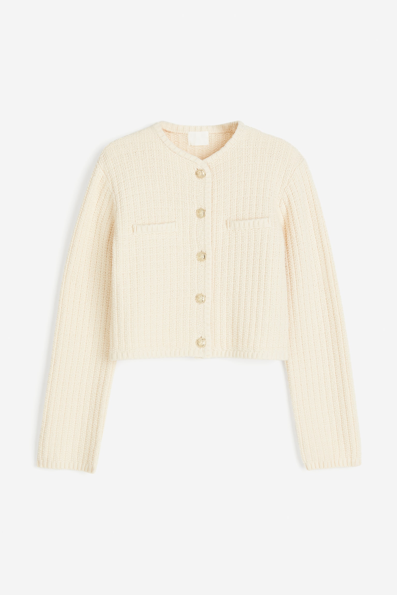 Short Textured Knit Cardigan - Cream/Black - 2