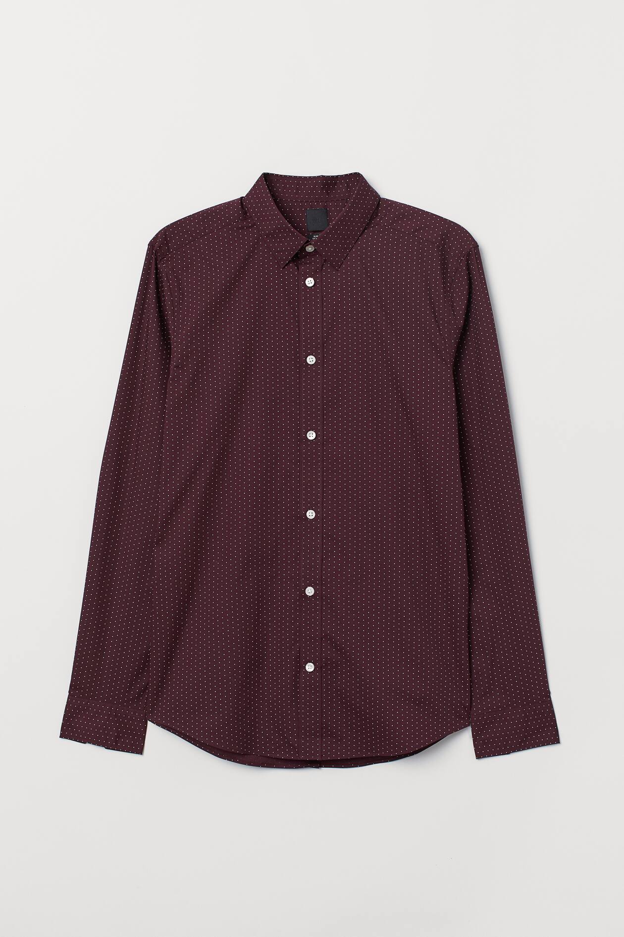 Xact Camicia Da Uomo A Pois - Maniche Lunghe Mod Vintage, Borgogna