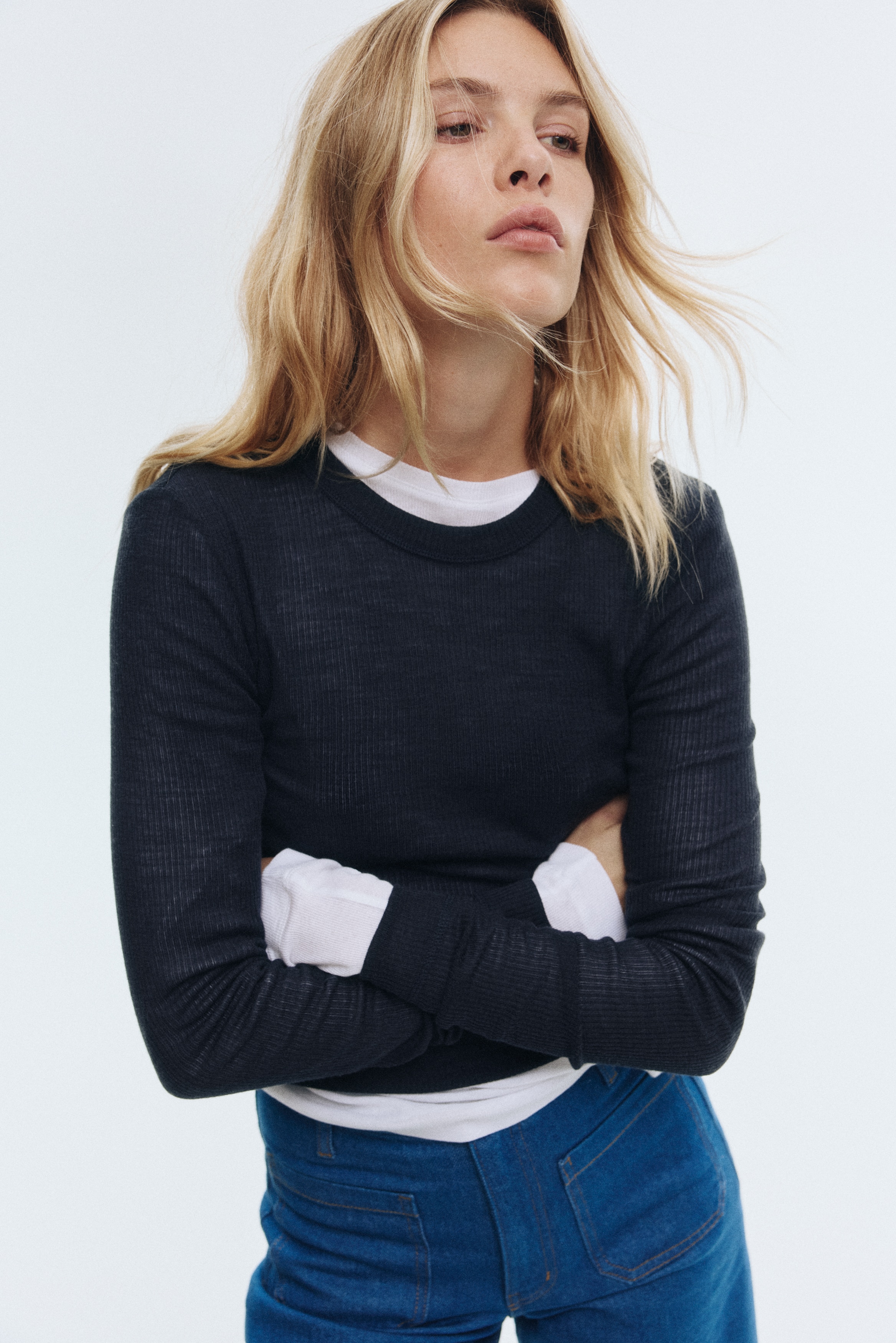 Pullover in lana a coste - Pece/Grigio chiaro mélange/Bordeaux