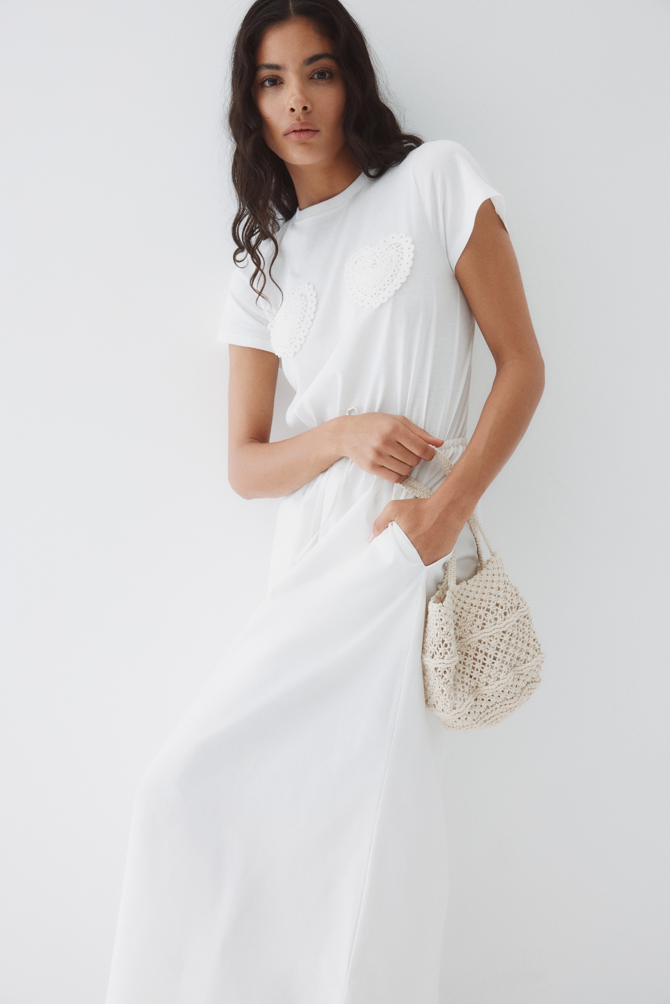 ドローストリングウエスト コットンワンピース - ホワイト