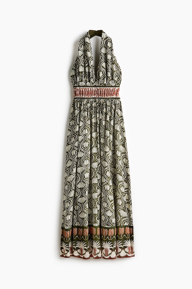 Flared-skirt halterneck dress - Dark green/Patterned/Black/Dusty yellow - 1