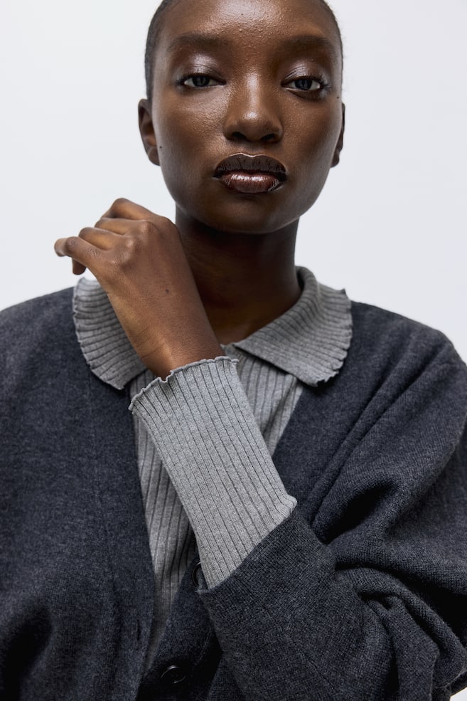 Rib-Knit Polo Sweater-Gray melange - 6