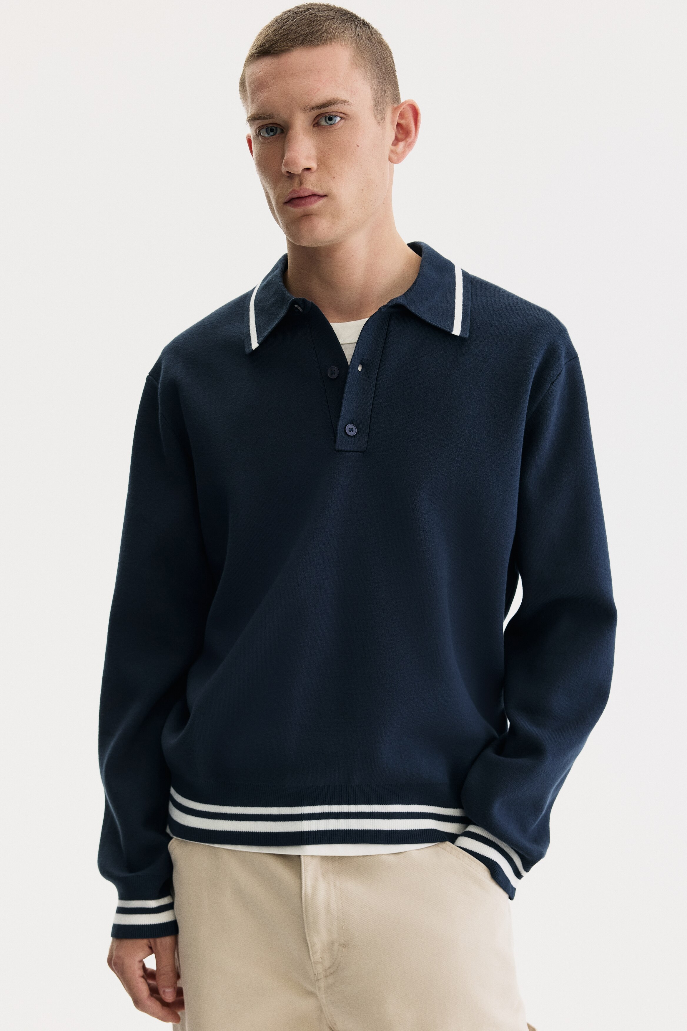 Loose-Fit Fine-Knit Polo Shirt - Navy blue