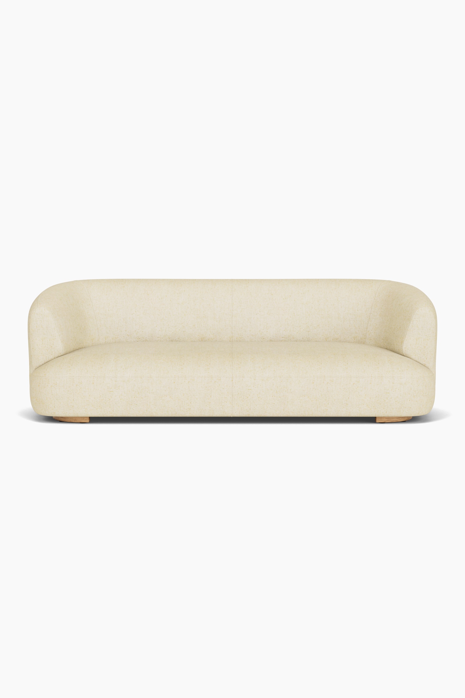 Ein von vorne gezeigtes, cremefarbenes, geschwungenes Sofa, bezogen mit strukturiertem BouclÃ©-Stoff, prÃ¤sentiert eine niedrige Silhouette mit abgerundeten Armlehnen und RÃ¼ckenlehne. Zwei rechteckige gestreifte Zierkissen liegen auf der linken Seite und betonen die tief sitzende Polsterung.
