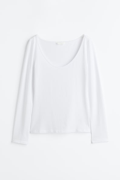 Jersey top - Deep neckline - Long sleeve - White - Ladies | H&M GB