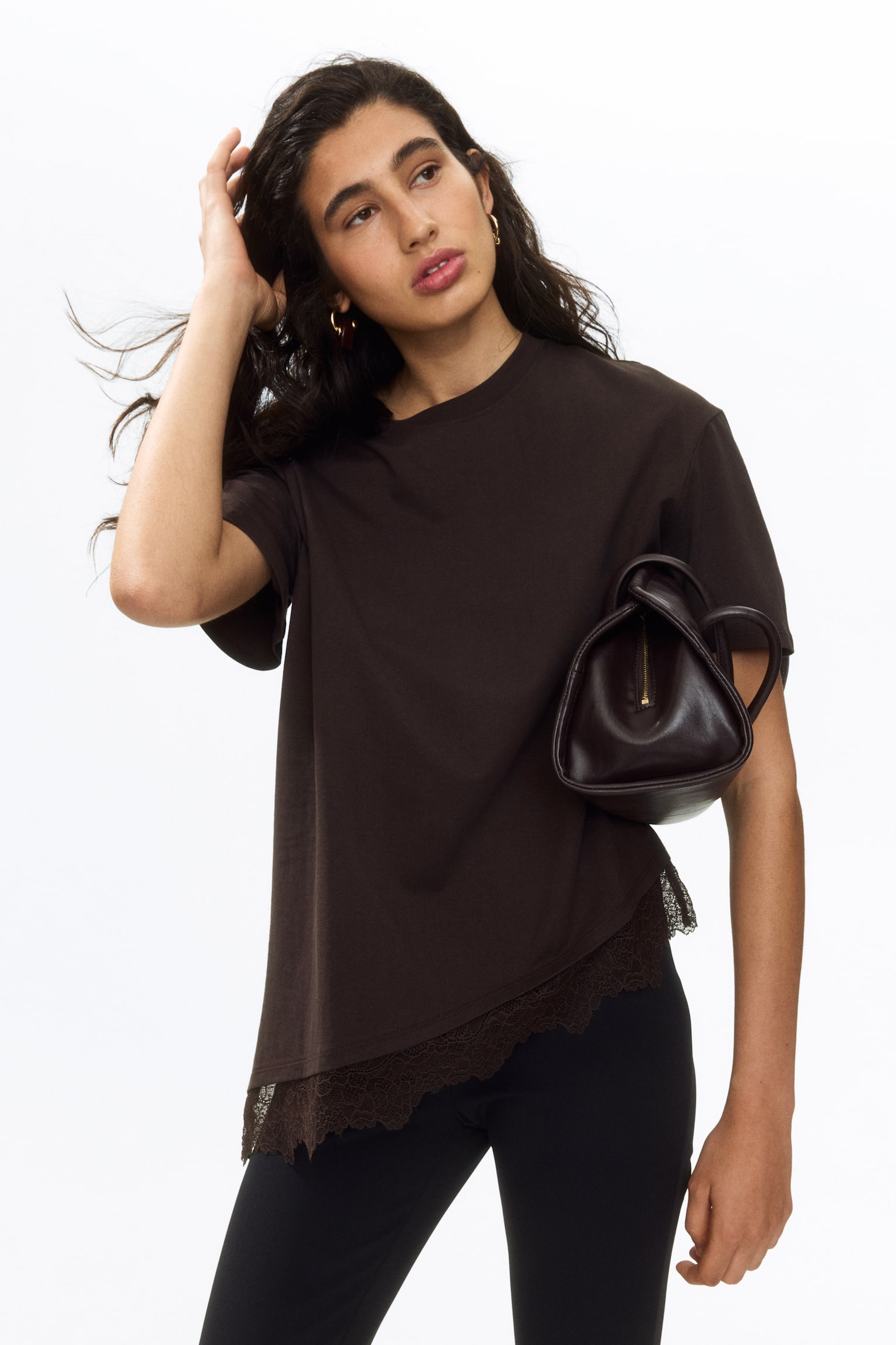 Asymmetric Lace-Trimmed T-Shirt-Dark brown - 6