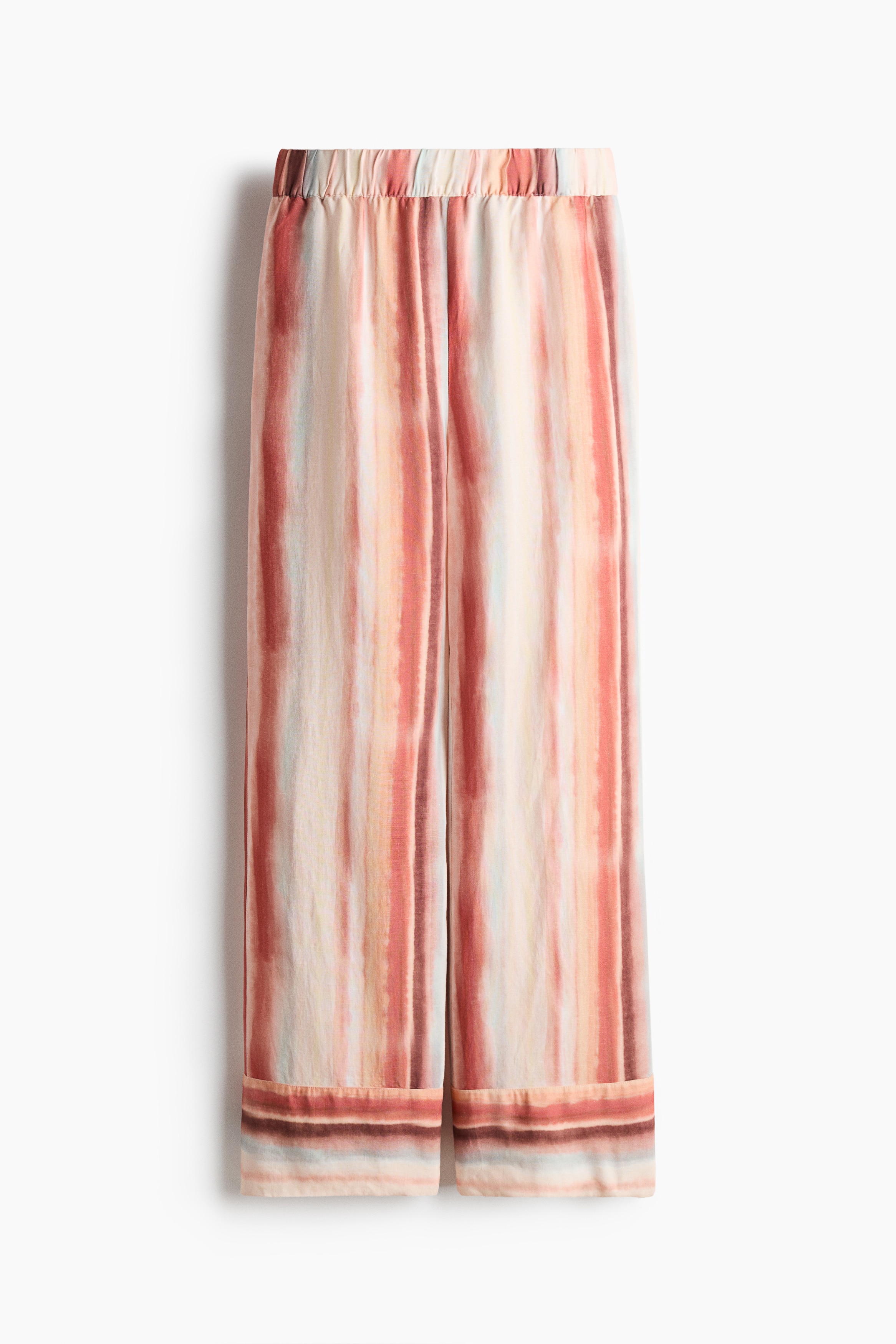 Wide linen-blend pull-on trousers - Peach pink/Striped/Dark brown