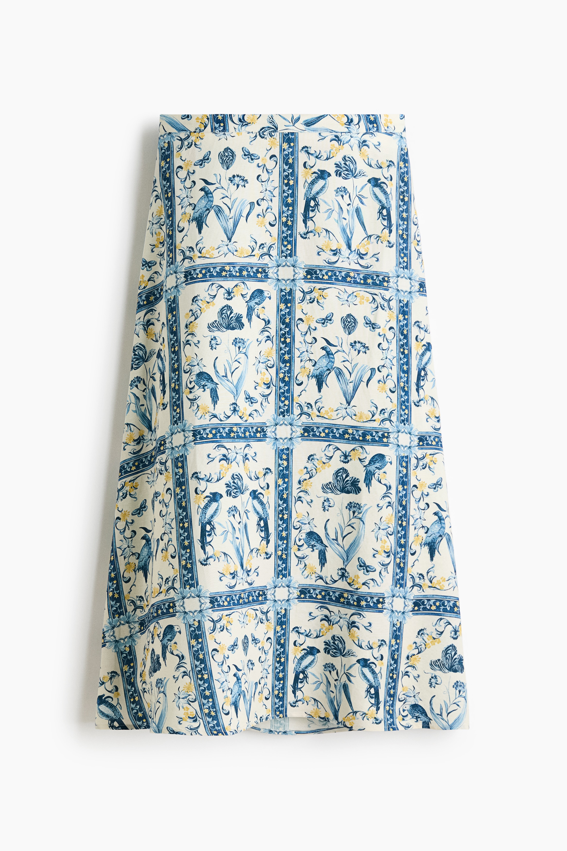 Linen-Blend Skirt - Cream/blue patterned