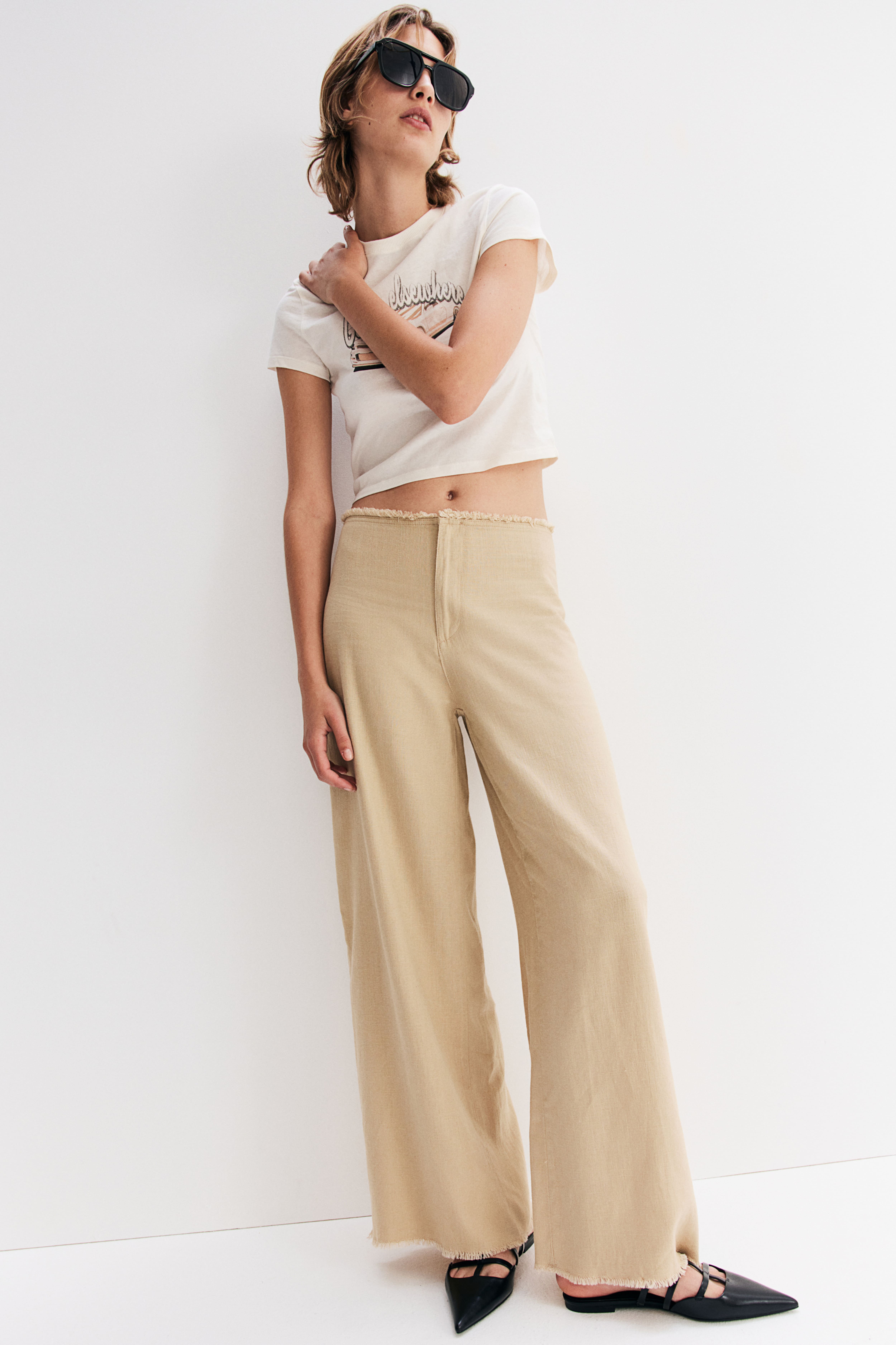 H M Ladies Frayed edge Linen blend Pants